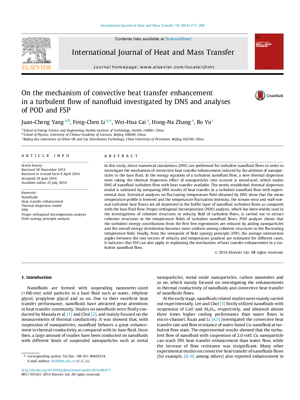 On the mechanism of convective heat transfer enhancement in a turbulent flow of nanofluid investigated by DNS and analyses of POD and FSP