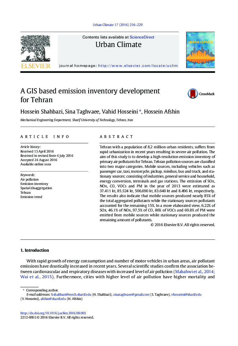 A GIS based emission inventory development for Tehran