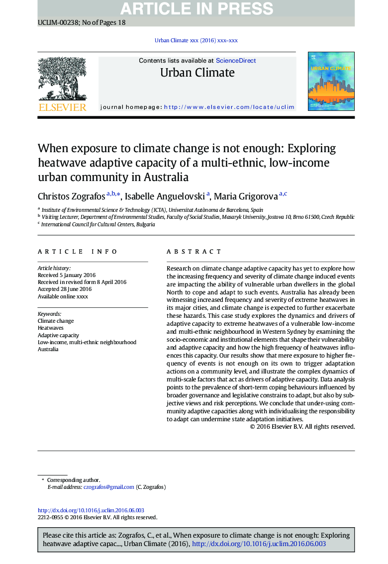 When exposure to climate change is not enough: Exploring heatwave adaptive capacity of a multi-ethnic, low-income urban community in Australia