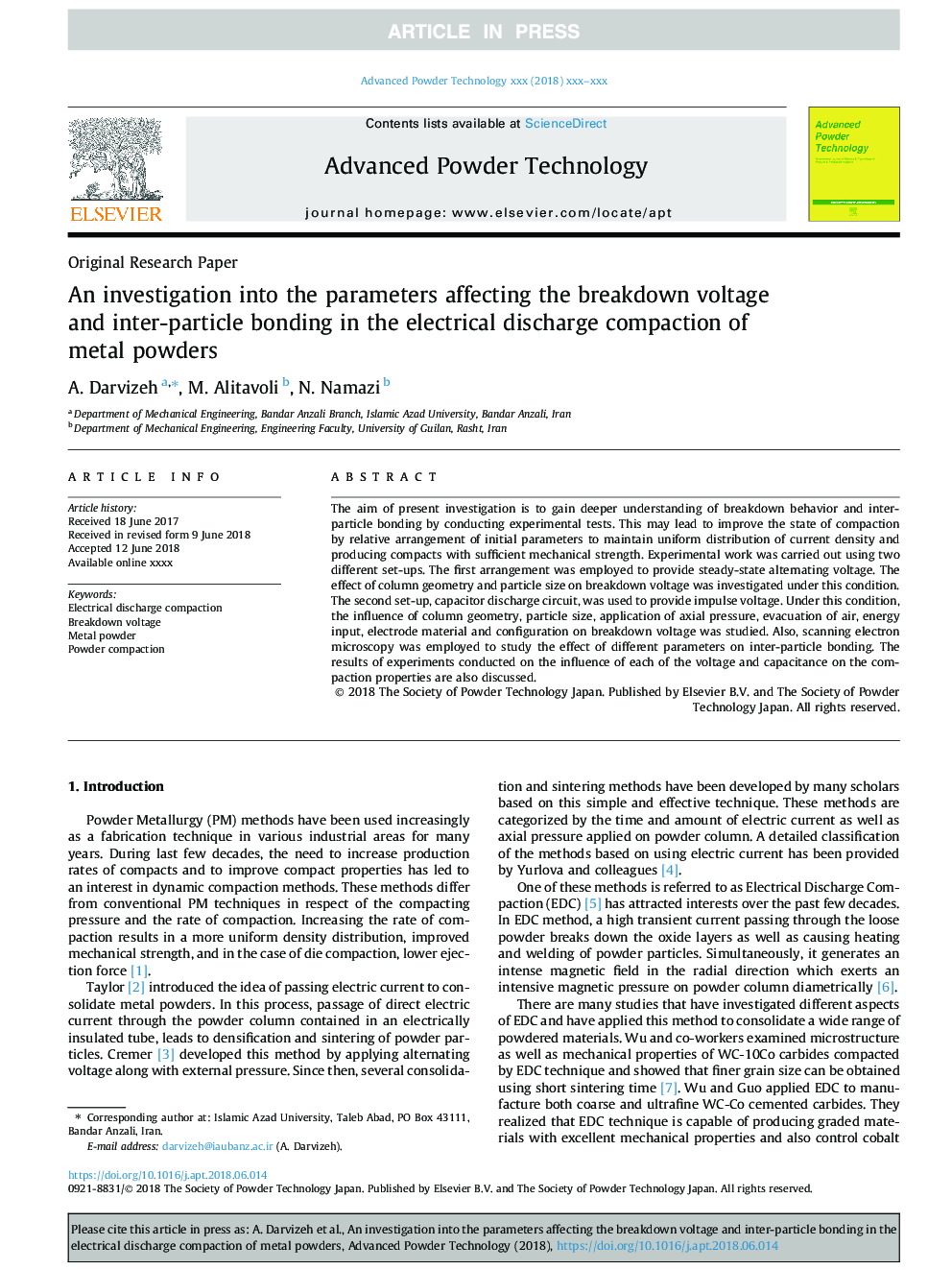 An investigation into the parameters affecting the breakdown voltage and inter-particle bonding in the electrical discharge compaction of metal powders