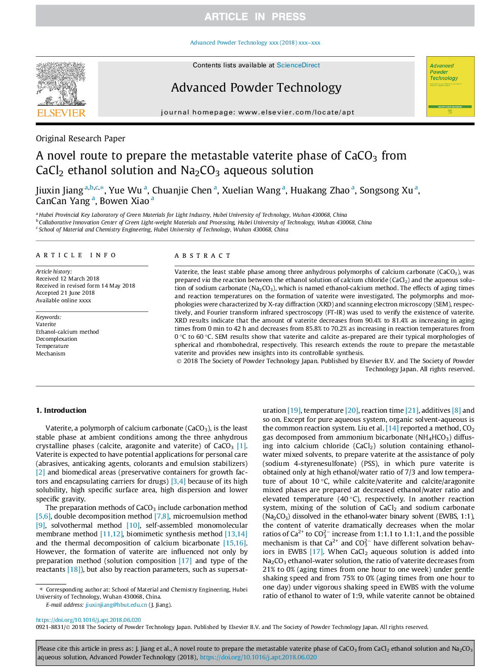 A novel route to prepare the metastable vaterite phase of CaCO3 from CaCl2 ethanol solution and Na2CO3 aqueous solution