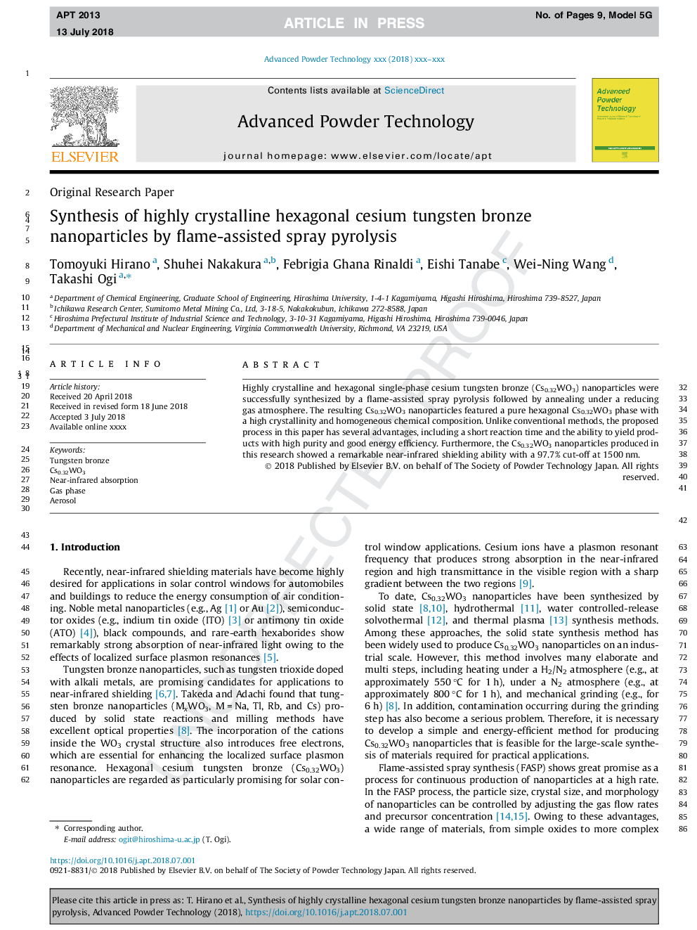 Synthesis of highly crystalline hexagonal cesium tungsten bronze nanoparticles by flame-assisted spray pyrolysis