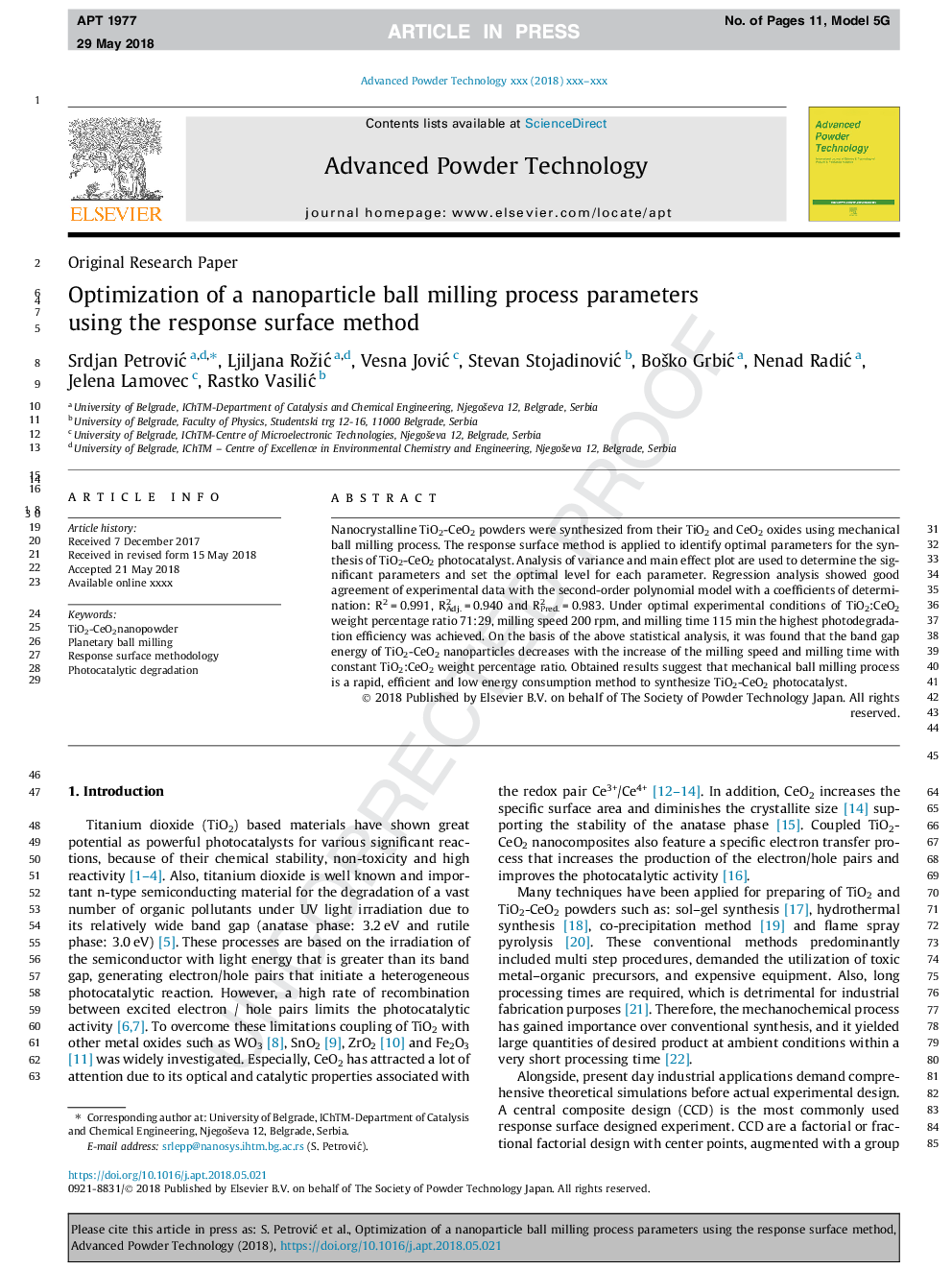 Optimization of a nanoparticle ball milling process parameters using the response surface method