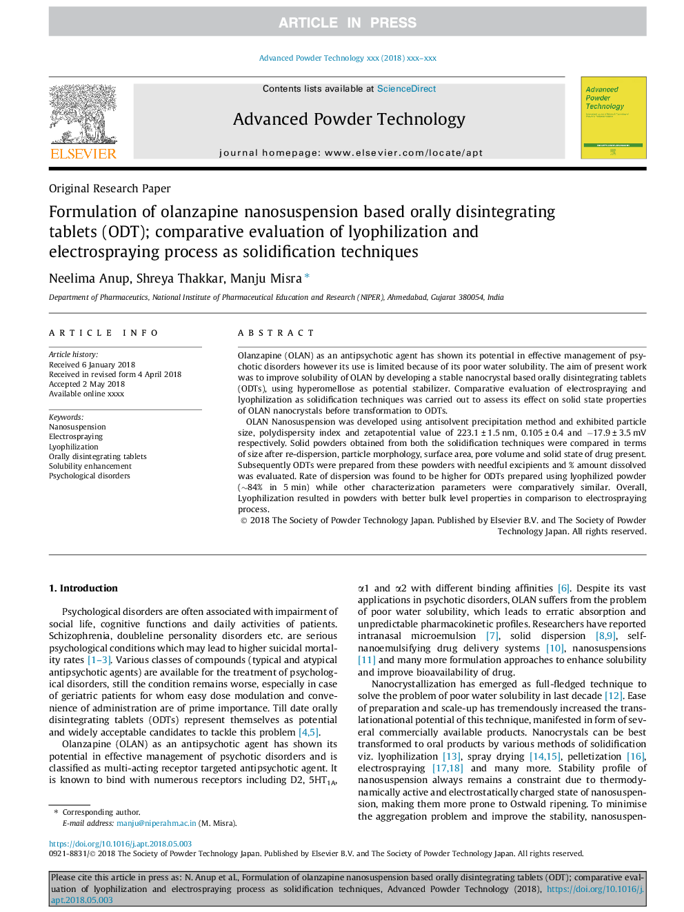 Formulation of olanzapine nanosuspension based orally disintegrating tablets (ODT); comparative evaluation of lyophilization and electrospraying process as solidification techniques