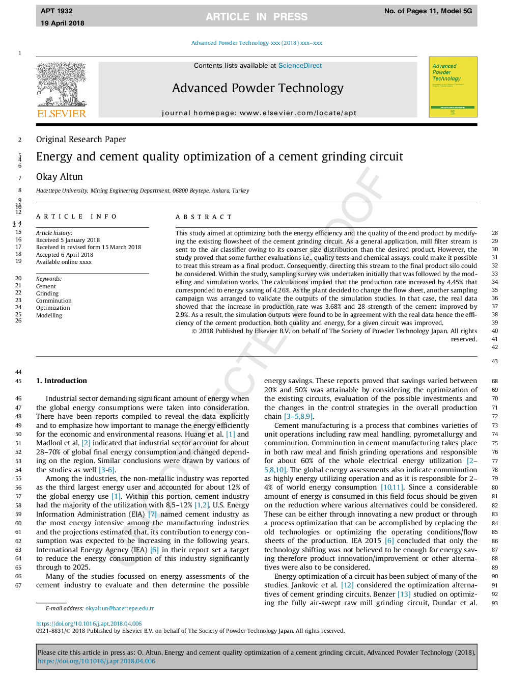 Energy and cement quality optimization of a cement grinding circuit