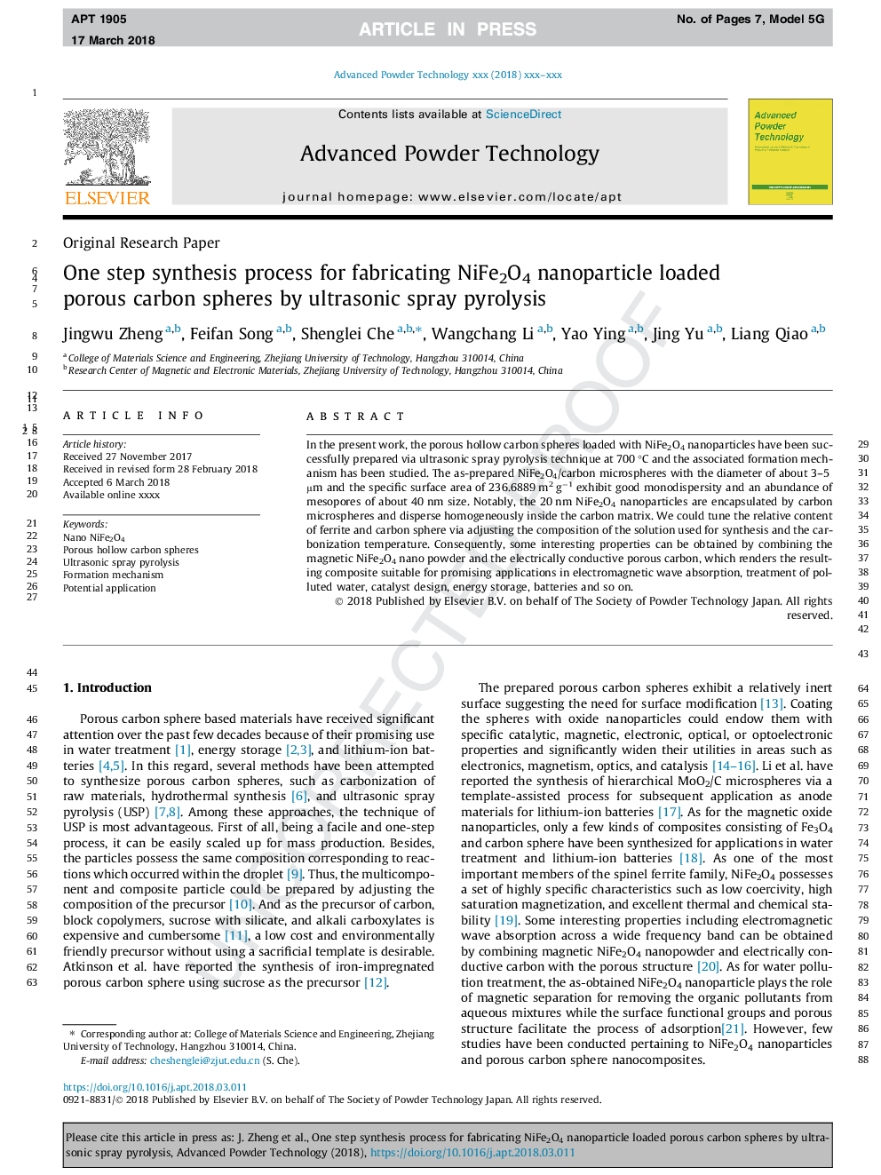 One step synthesis process for fabricating NiFe2O4 nanoparticle loaded porous carbon spheres by ultrasonic spray pyrolysis