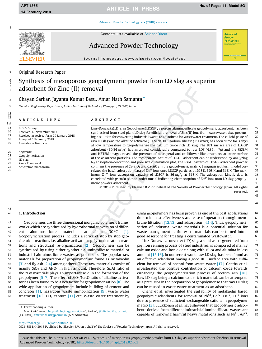 Synthesis of mesoporous geopolymeric powder from LD slag as superior adsorbent for Zinc (II) removal