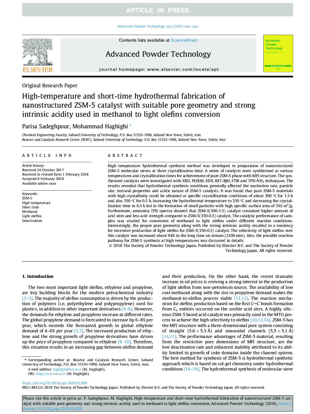 High-temperature and short-time hydrothermal fabrication of nanostructured ZSM-5 catalyst with suitable pore geometry and strong intrinsic acidity used in methanol to light olefins conversion