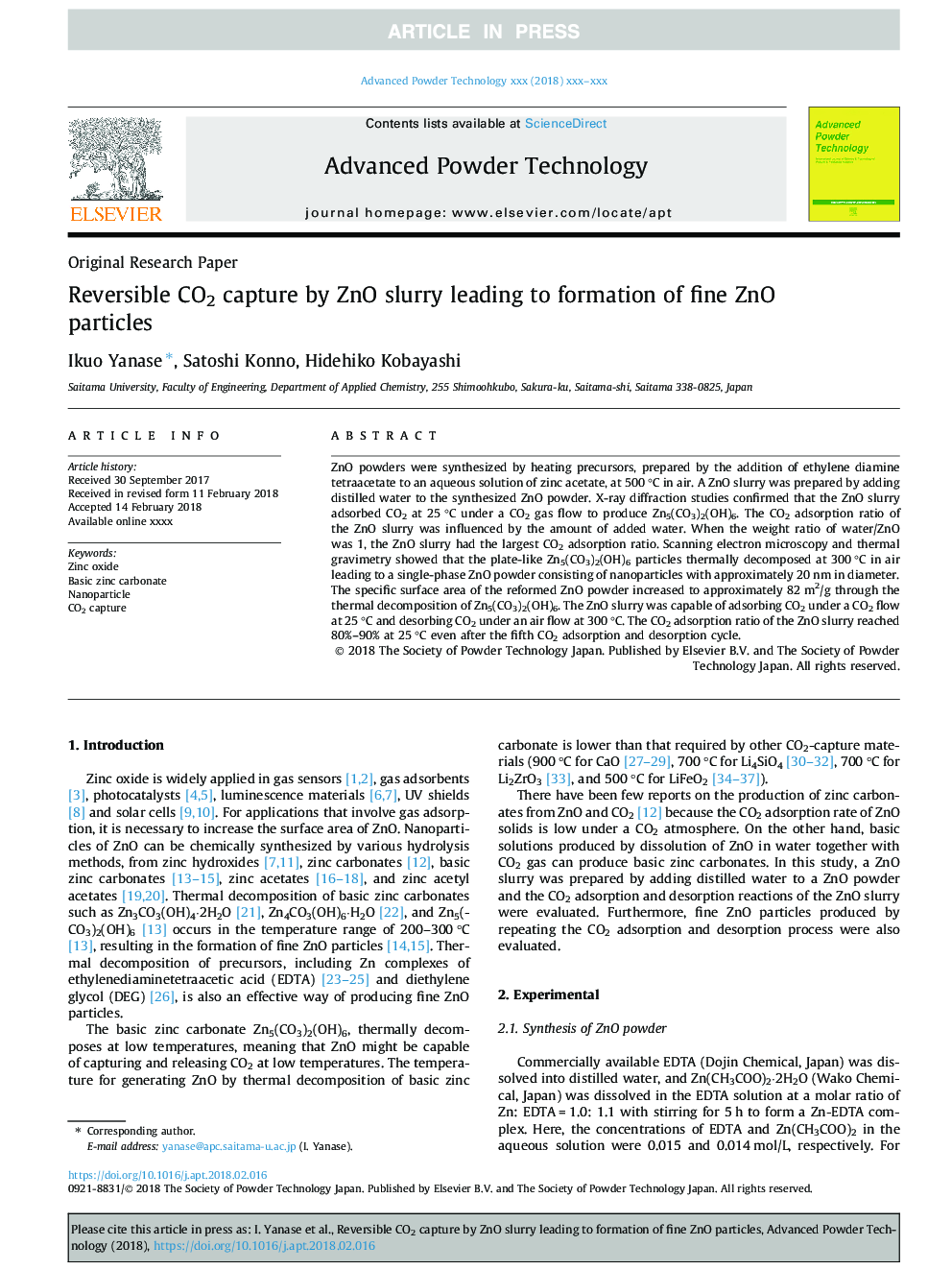 Reversible CO2 capture by ZnO slurry leading to formation of fine ZnO particles