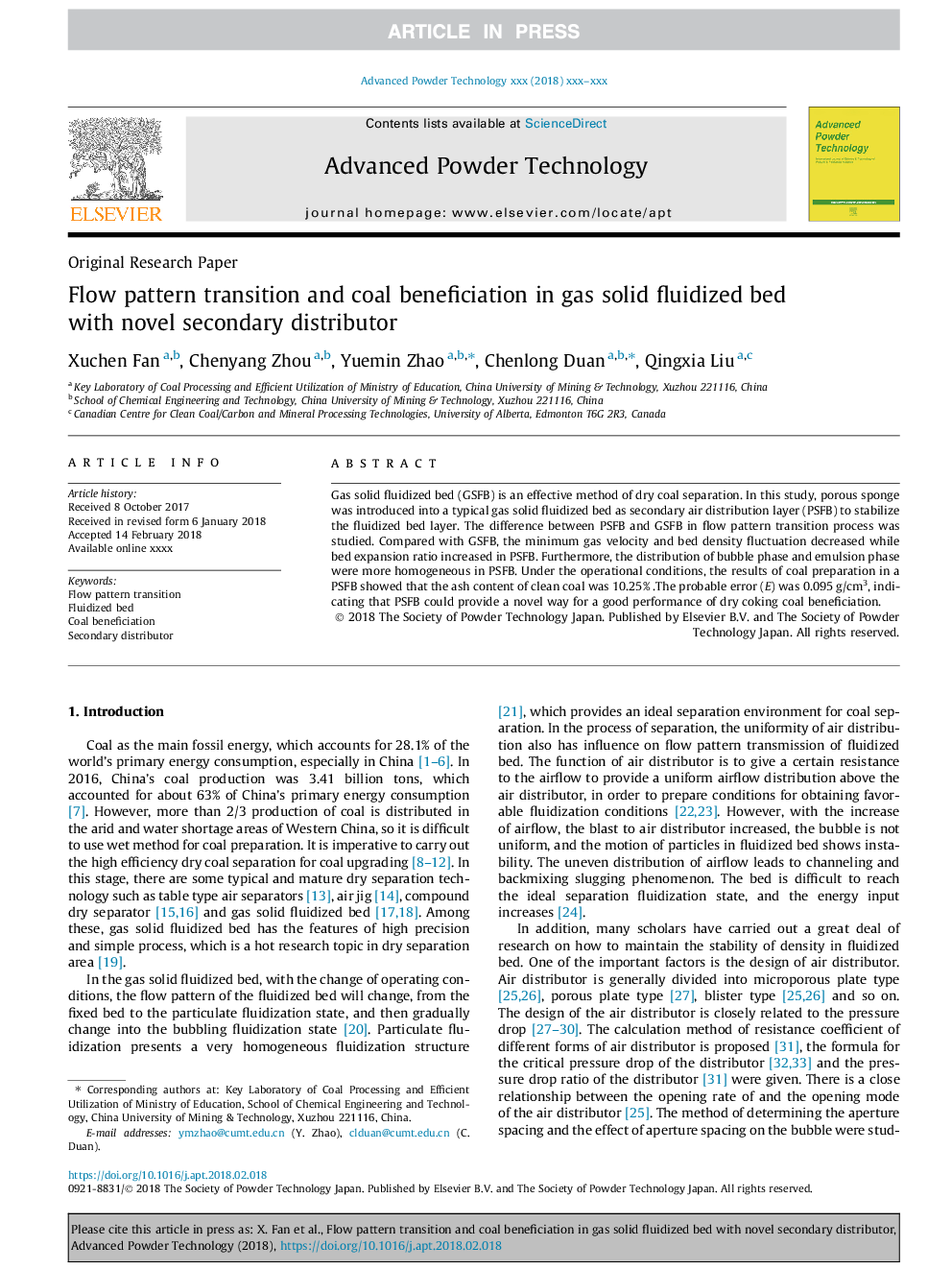 Flow pattern transition and coal beneficiation in gas solid fluidized bed with novel secondary distributor