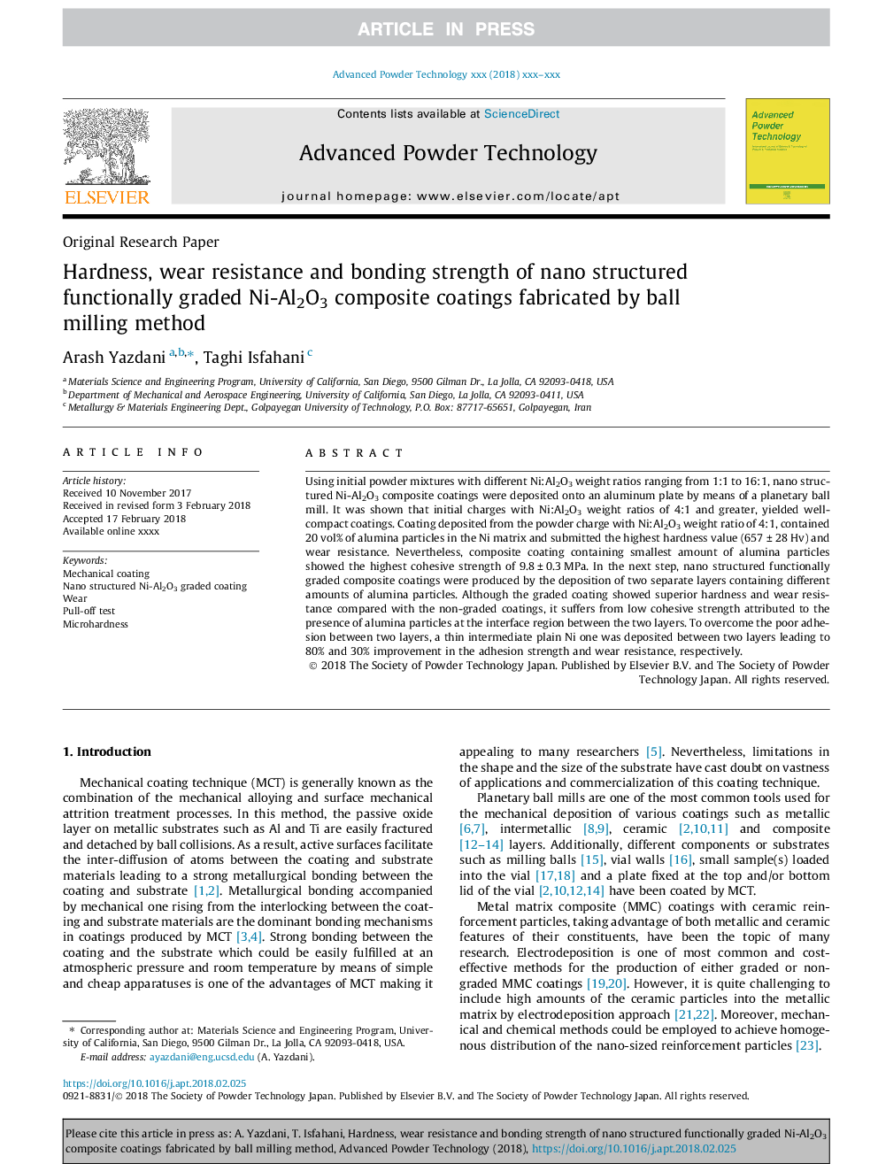 Hardness, wear resistance and bonding strength of nano structured functionally graded Ni-Al2O3 composite coatings fabricated by ball milling method