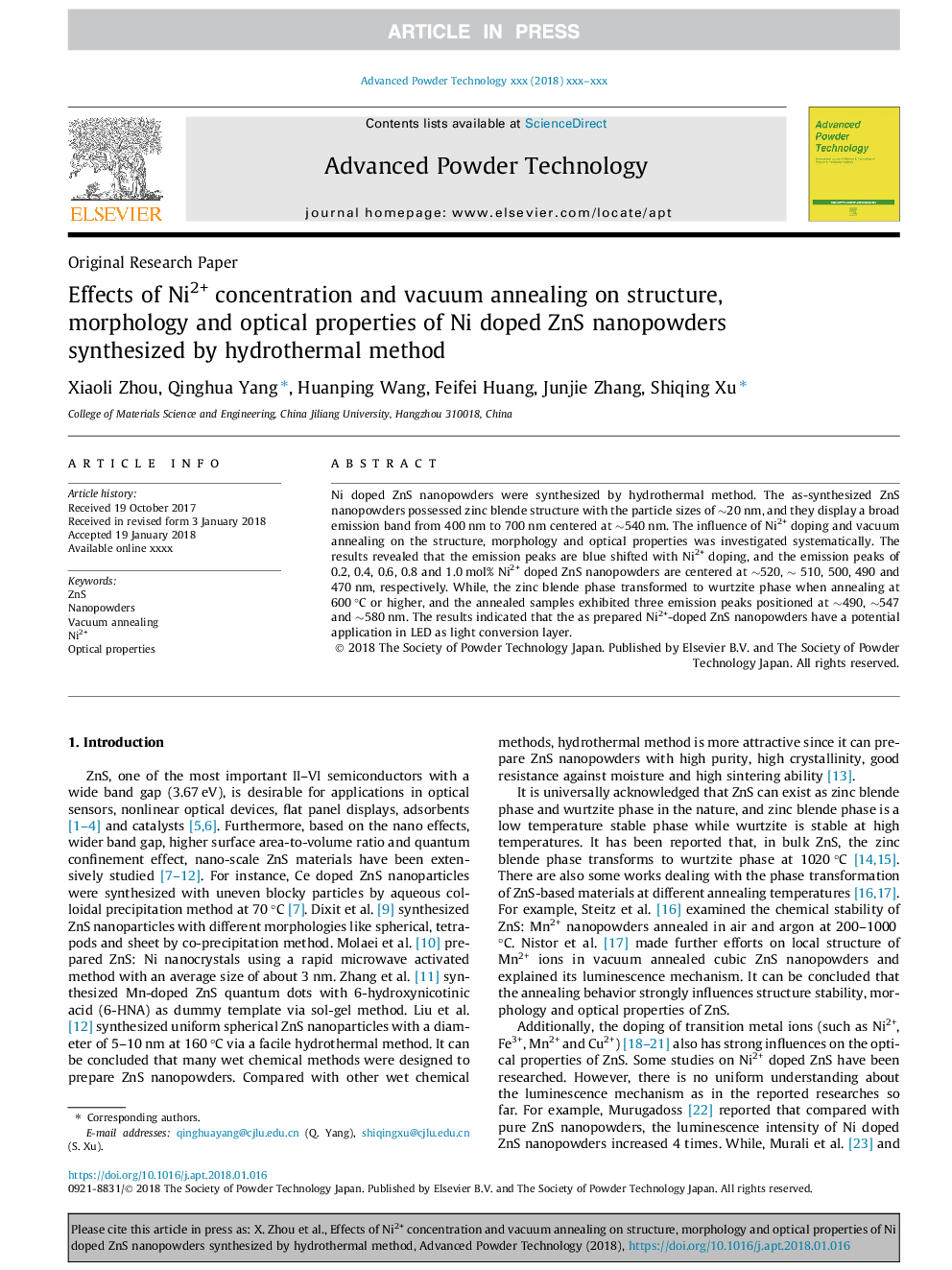 Effects of Ni2+ concentration and vacuum annealing on structure, morphology and optical properties of Ni doped ZnS nanopowders synthesized by hydrothermal method