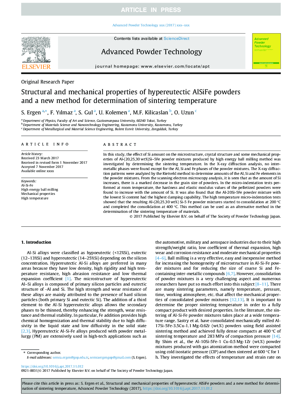 Structural and mechanical properties of hypereutectic AlSiFe powders and a new method for determination of sintering temperature