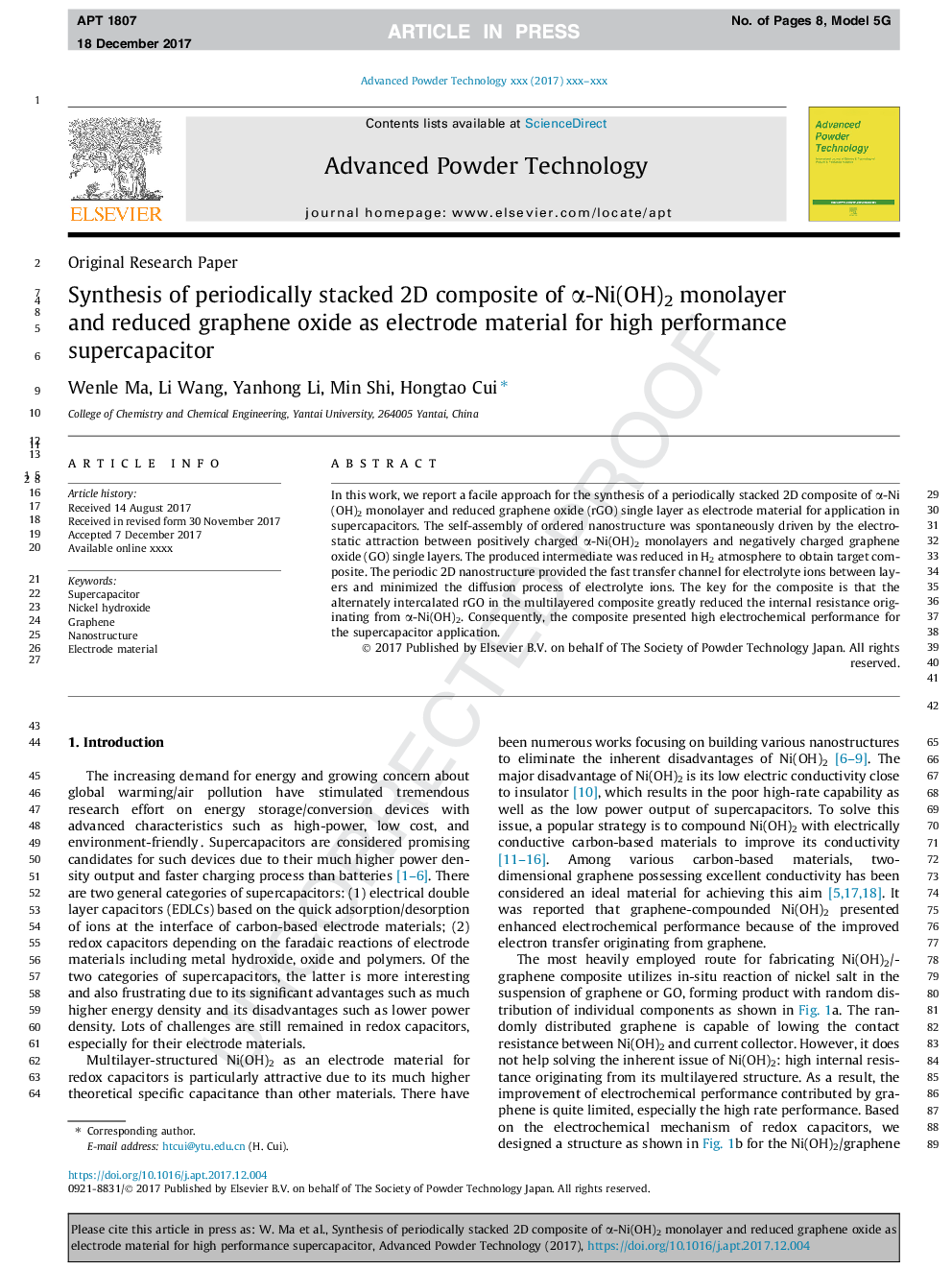 Synthesis of periodically stacked 2D composite of Î±-Ni(OH)2 monolayer and reduced graphene oxide as electrode material for high performance supercapacitor