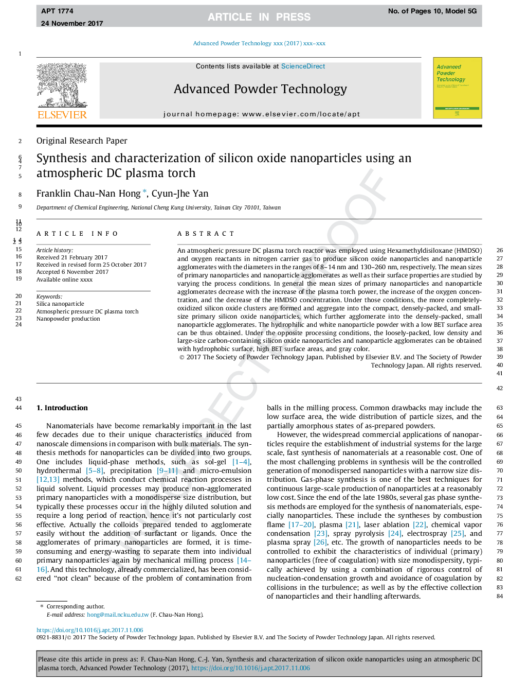 Synthesis and characterization of silicon oxide nanoparticles using an atmospheric DC plasma torch