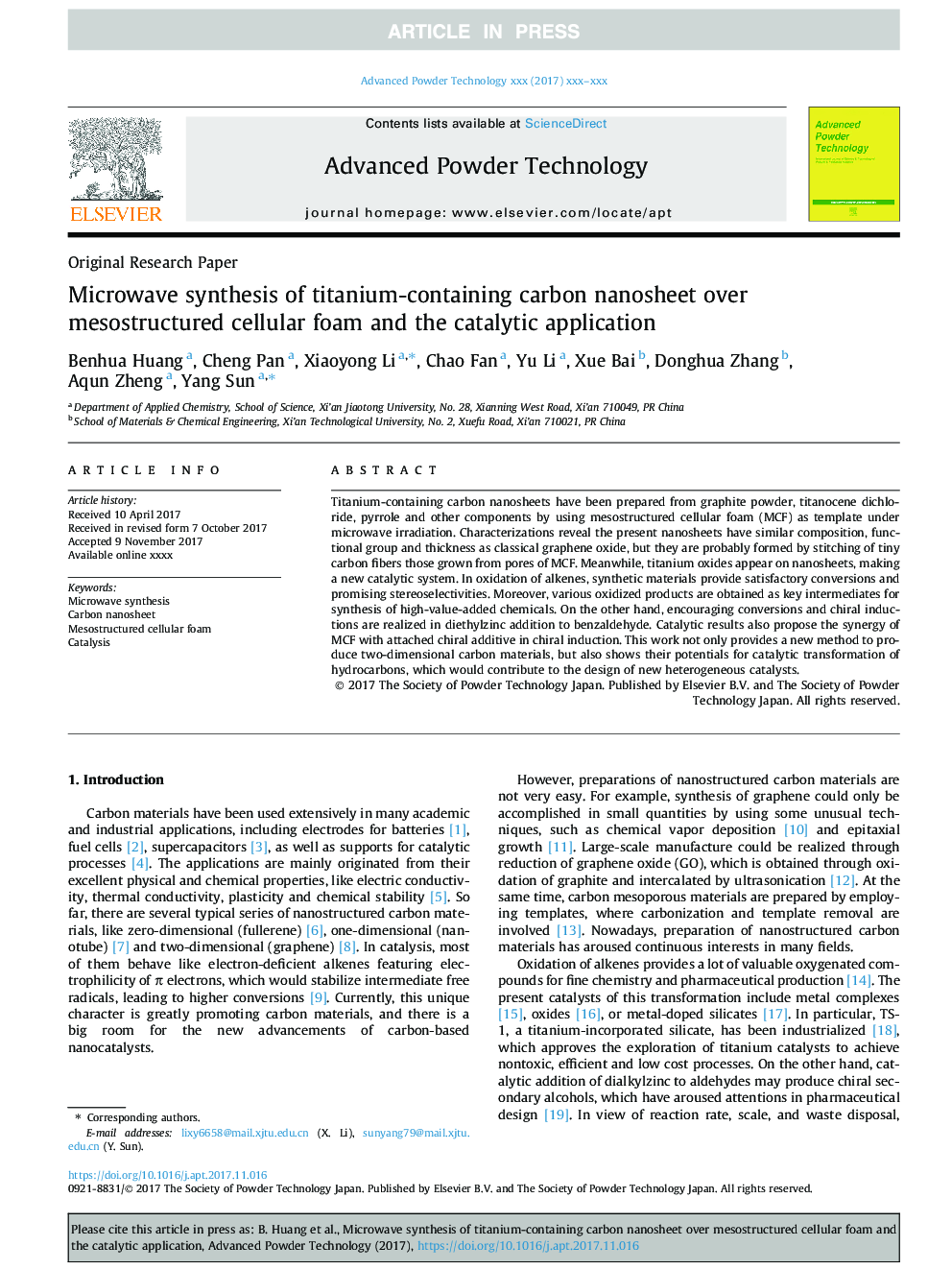 Microwave synthesis of titanium-containing carbon nanosheet over mesostructured cellular foam and the catalytic application