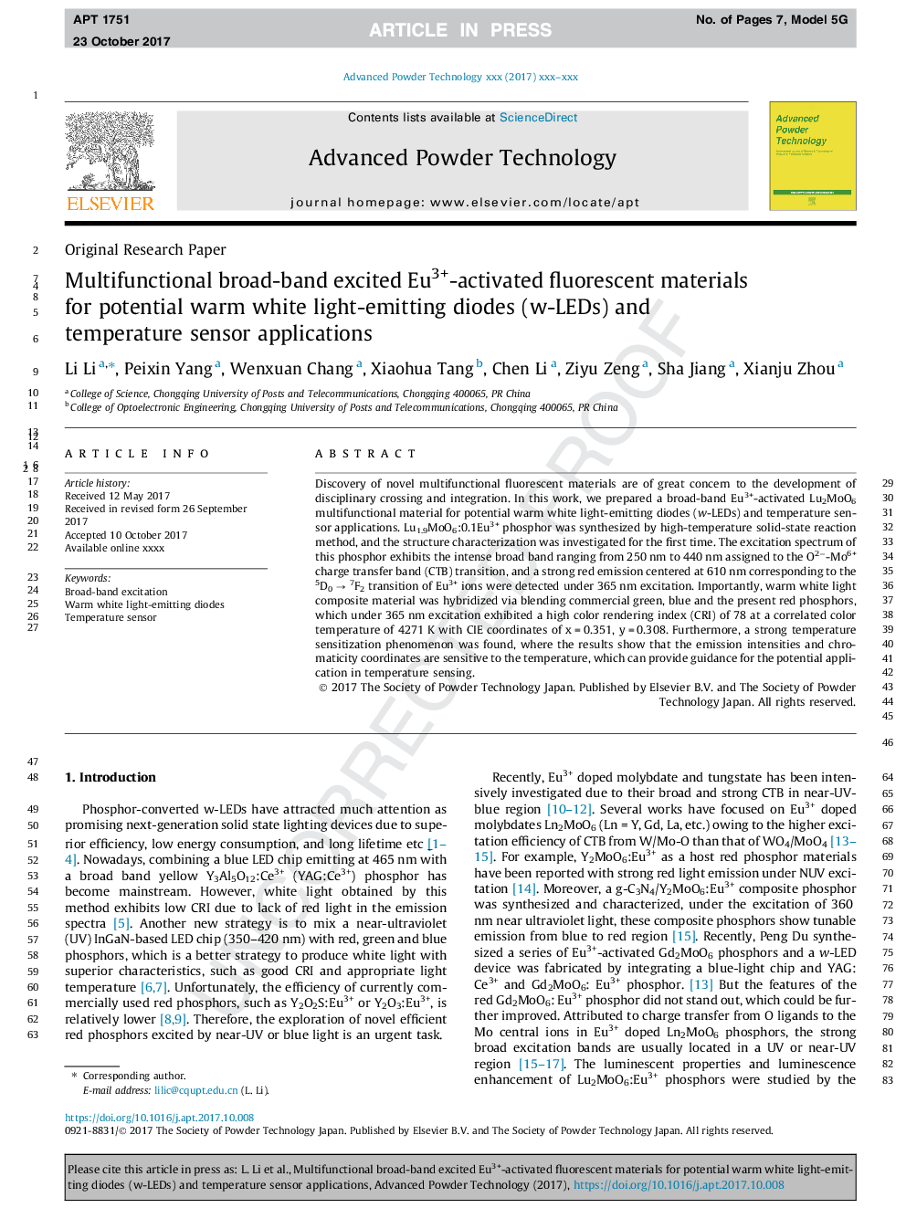 Multifunctional broad-band excited Eu3+-activated fluorescent materials for potential warm white light-emitting diodes (w-LEDs) and temperature sensor applications