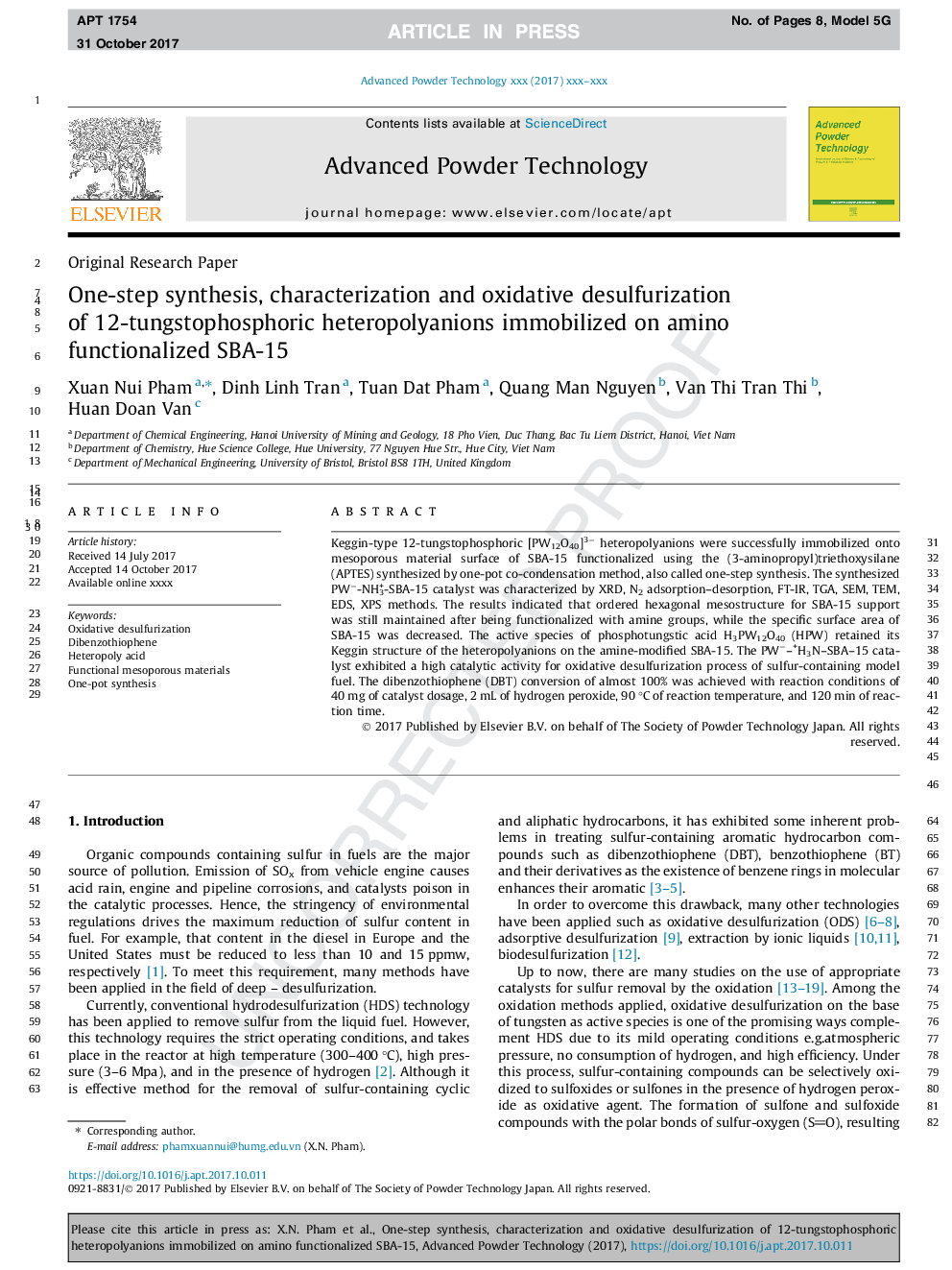 One-step synthesis, characterization and oxidative desulfurization of 12-tungstophosphoric heteropolyanions immobilized on amino functionalized SBA-15