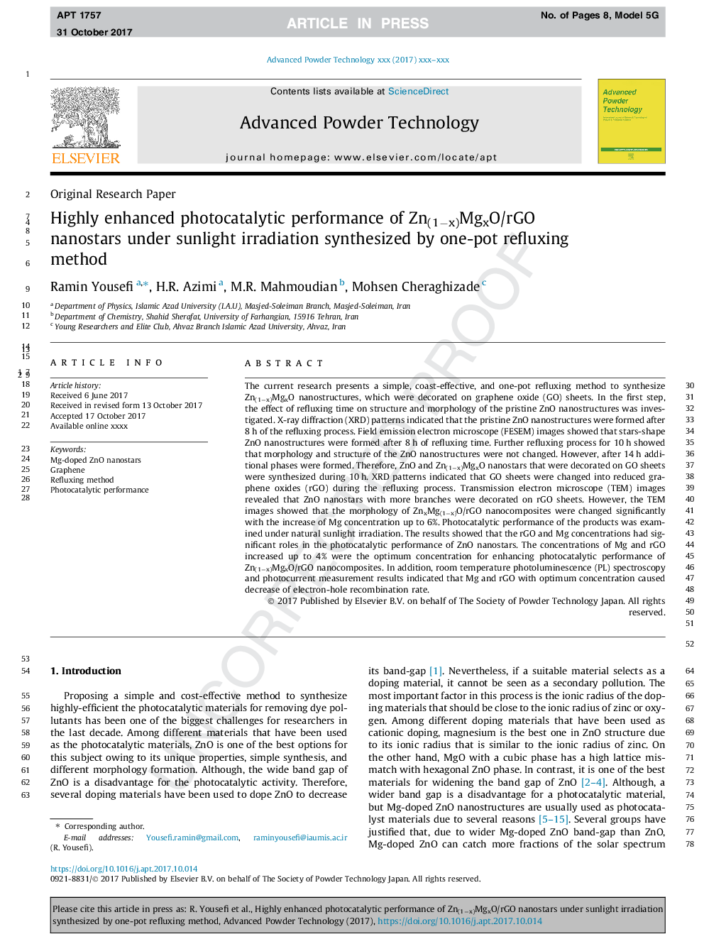 Highly enhanced photocatalytic performance of Zn(1âx)MgxO/rGO nanostars under sunlight irradiation synthesized by one-pot refluxing method