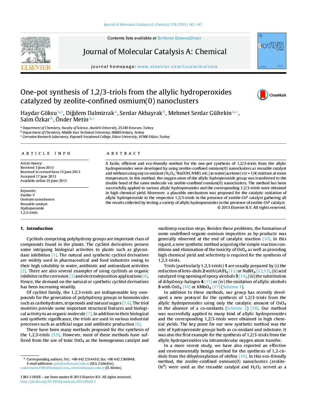 One-pot synthesis of 1,2/3-triols from the allylic hydroperoxides catalyzed by zeolite-confined osmium(0) nanoclusters