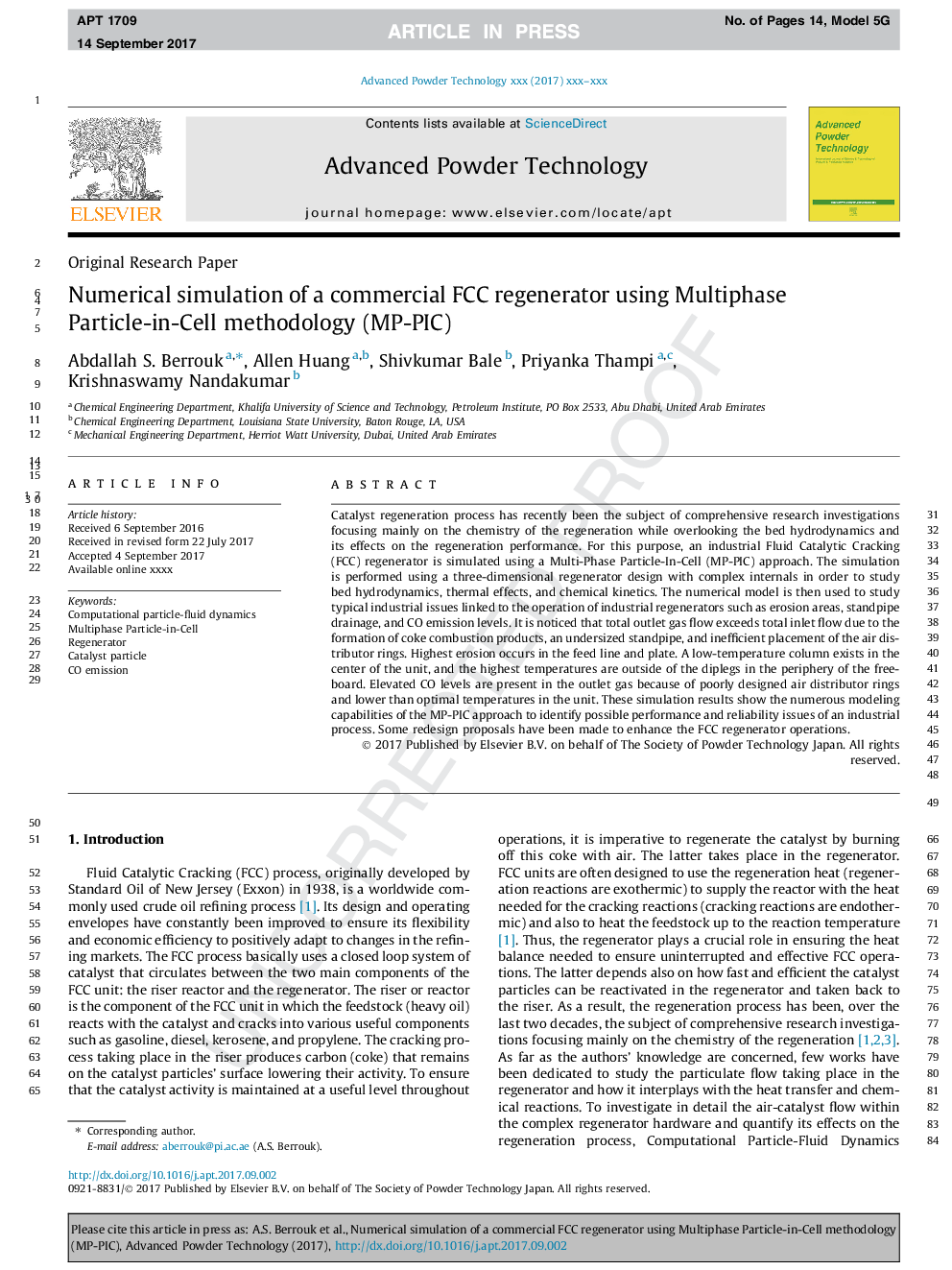 Numerical simulation of a commercial FCC regenerator using Multiphase Particle-in-Cell methodology (MP-PIC)