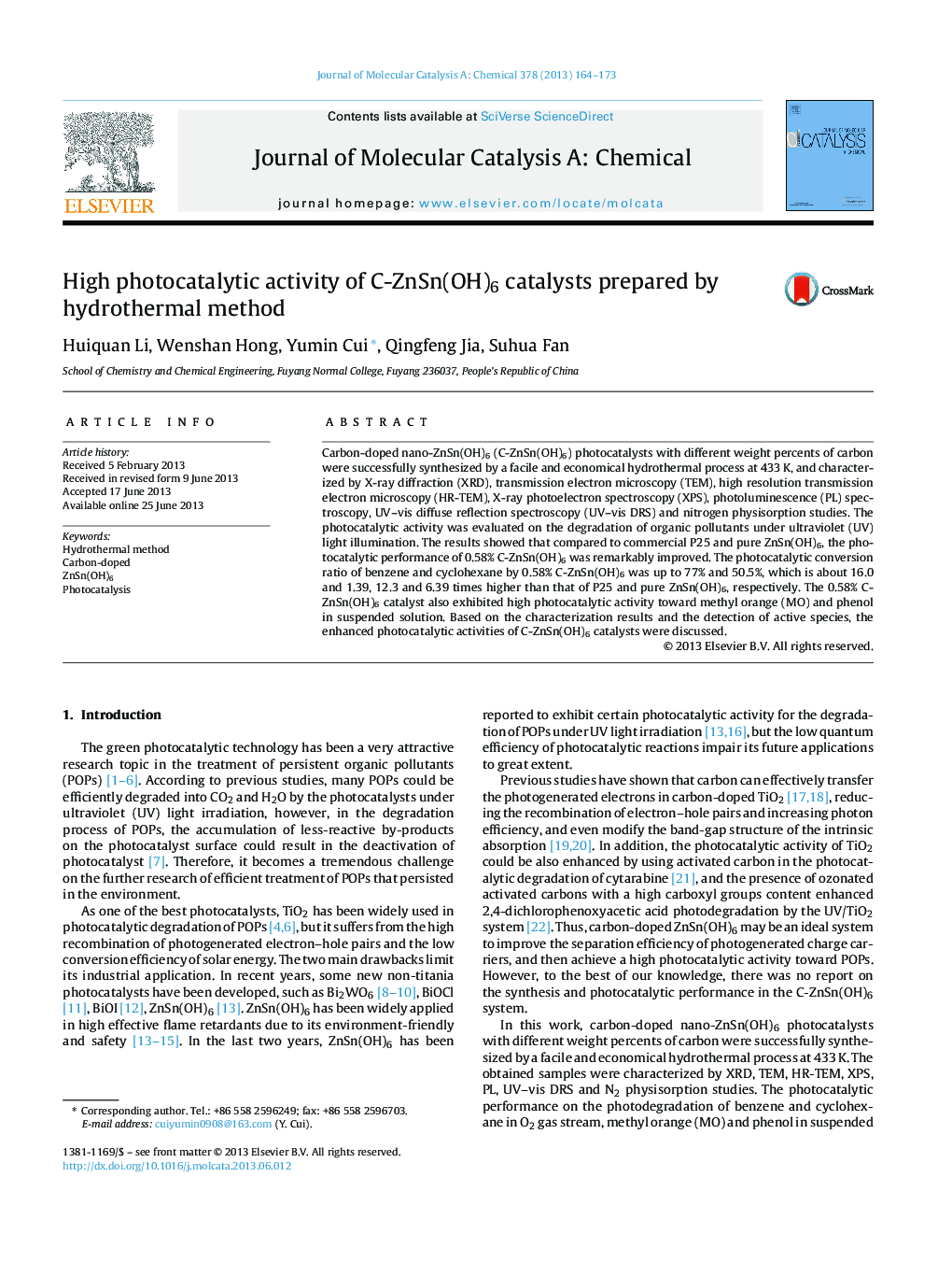 High photocatalytic activity of C-ZnSn(OH)6 catalysts prepared by hydrothermal method