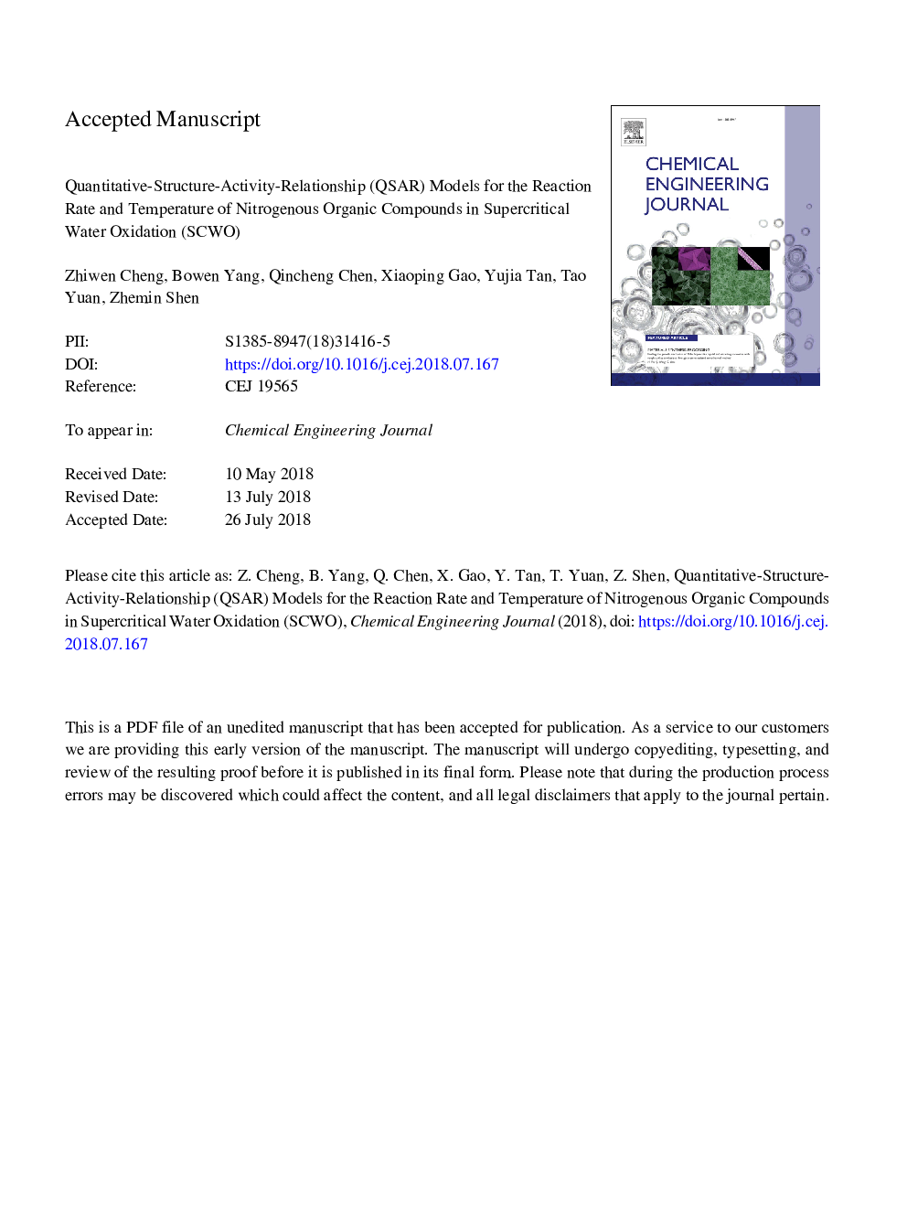 Quantitative-Structure-Activity-Relationship (QSAR) models for the reaction rate and temperature of nitrogenous organic compounds in supercritical water oxidation (SCWO)