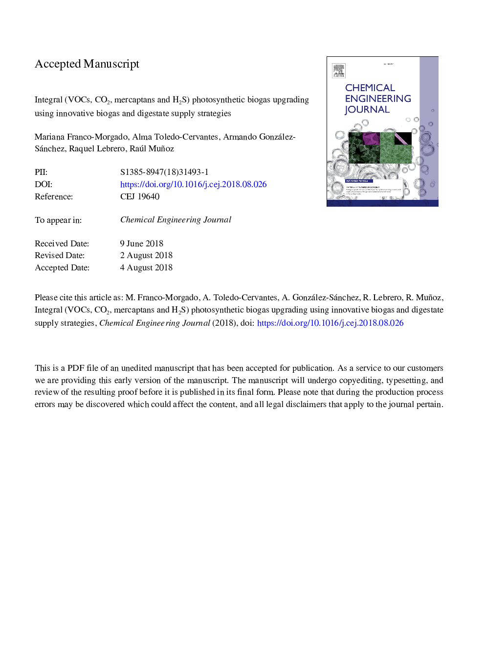 Integral (VOCs, CO2, mercaptans and H2S) photosynthetic biogas upgrading using innovative biogas and digestate supply strategies