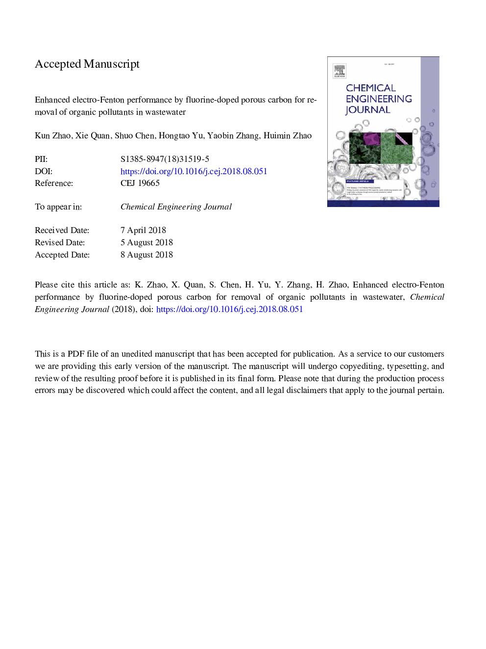 Enhanced electro-Fenton performance by fluorine-doped porous carbon for removal of organic pollutants in wastewater