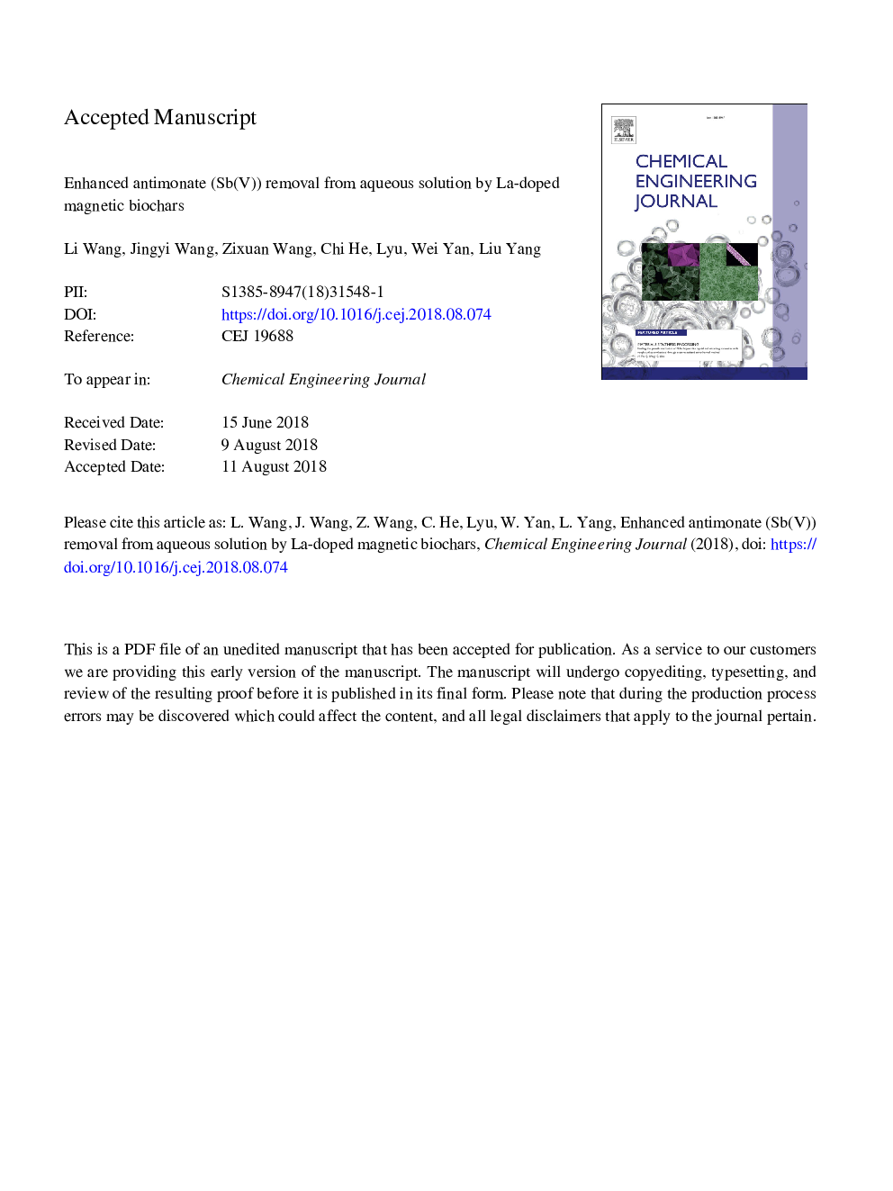 Enhanced antimonate (Sb(V)) removal from aqueous solution by La-doped magnetic biochars