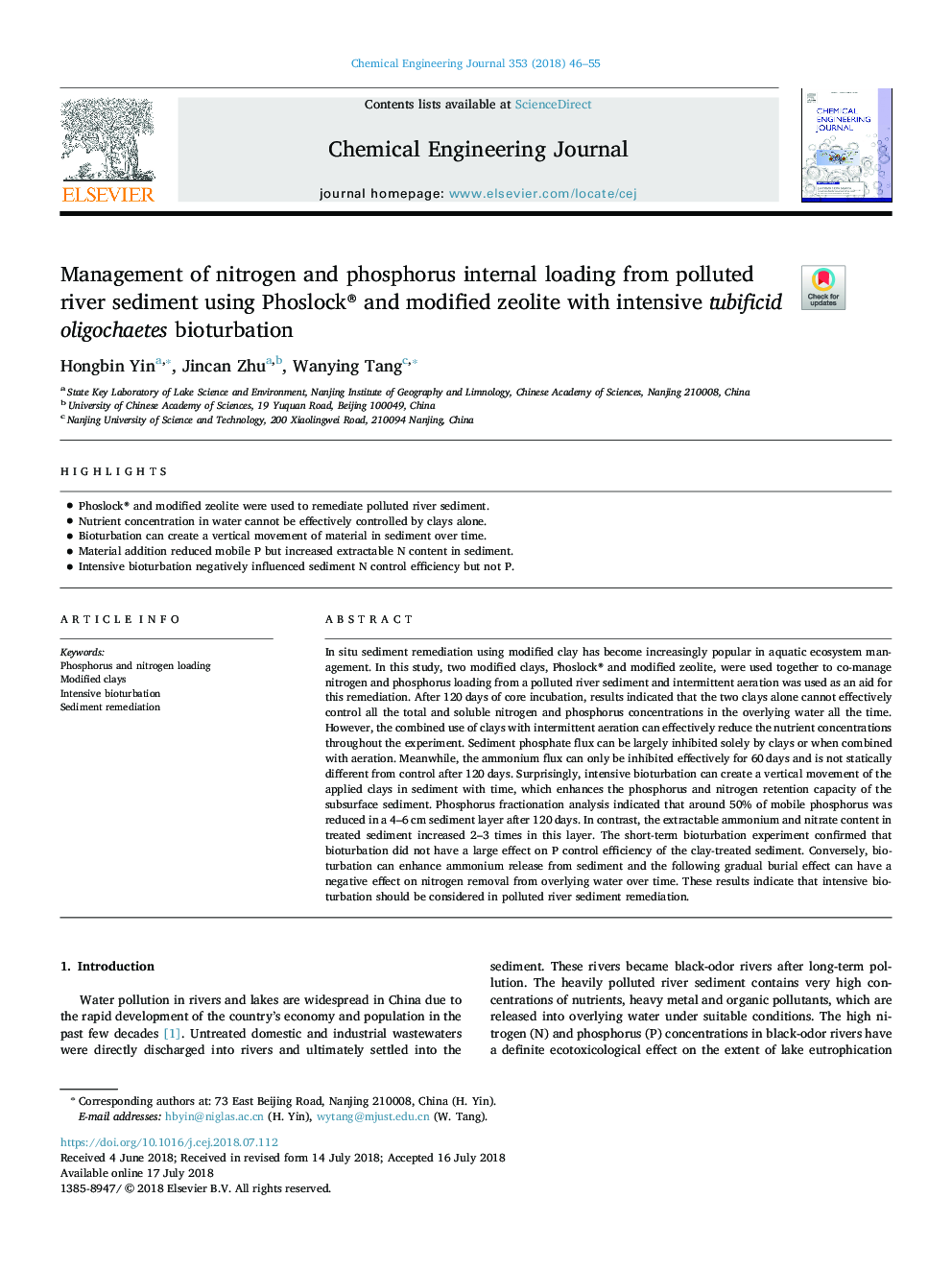 Management of nitrogen and phosphorus internal loading from polluted river sediment using Phoslock® and modified zeolite with intensive tubificid oligochaetes bioturbation