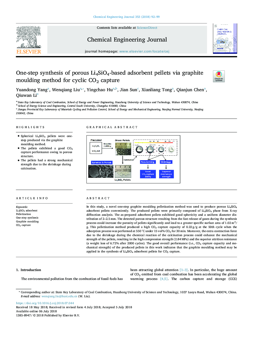 One-step synthesis of porous Li4SiO4-based adsorbent pellets via graphite moulding method for cyclic CO2 capture