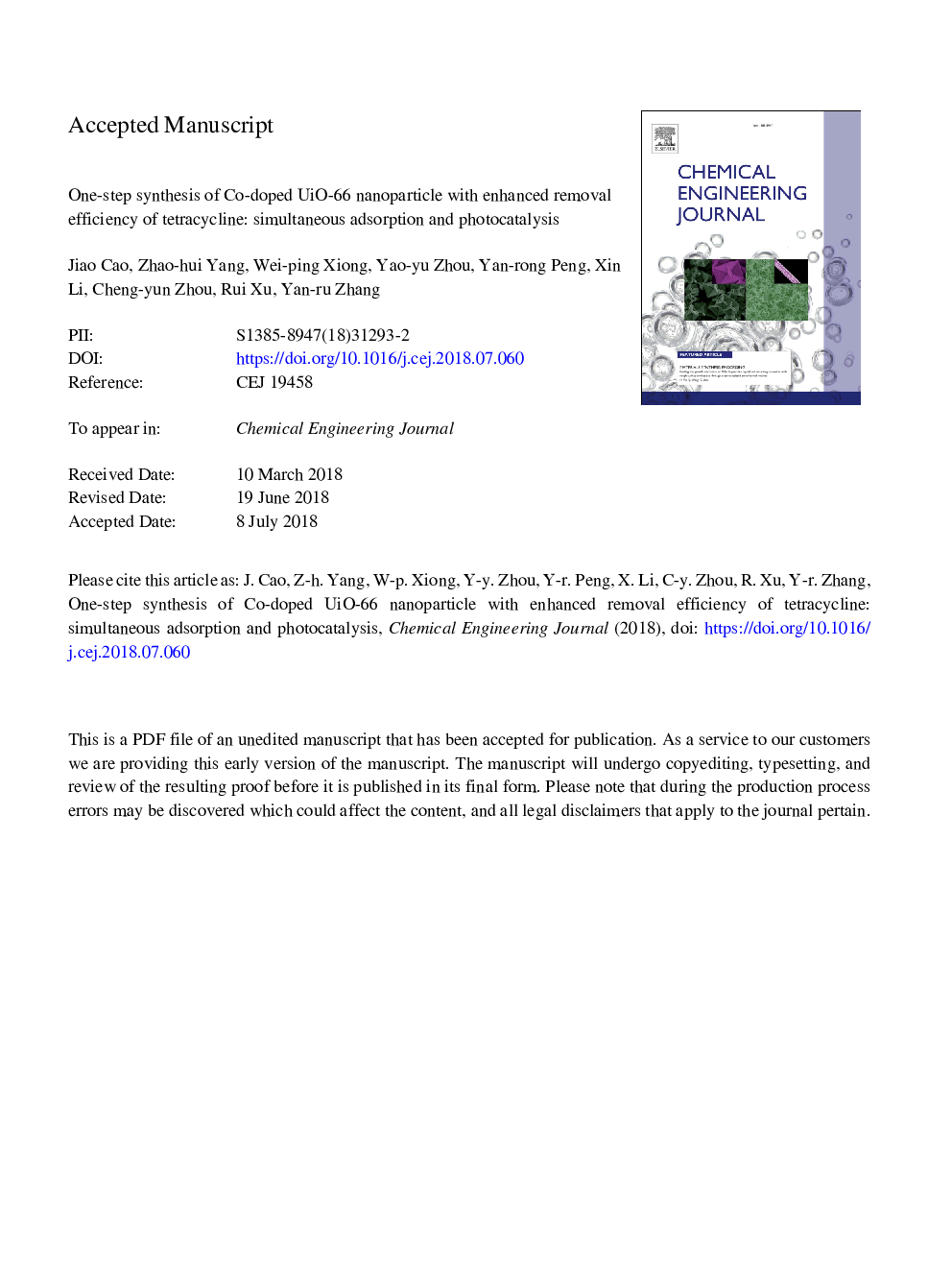 One-step synthesis of Co-doped UiO-66 nanoparticle with enhanced removal efficiency of tetracycline: Simultaneous adsorption and photocatalysis