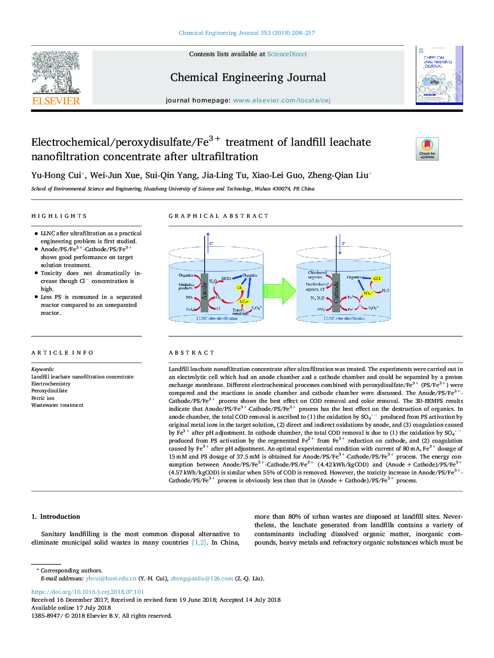 Electrochemical/peroxydisulfate/Fe3+ treatment of landfill leachate nanofiltration concentrate after ultrafiltration