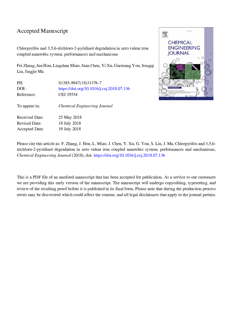 تخریب کلروفیفیوها و 3،5،6-تریکلرو-2-پیریدینول در آهن صفر دلخواه با سیستم بی هوازی همراه: عملکرد و مکانیزم 