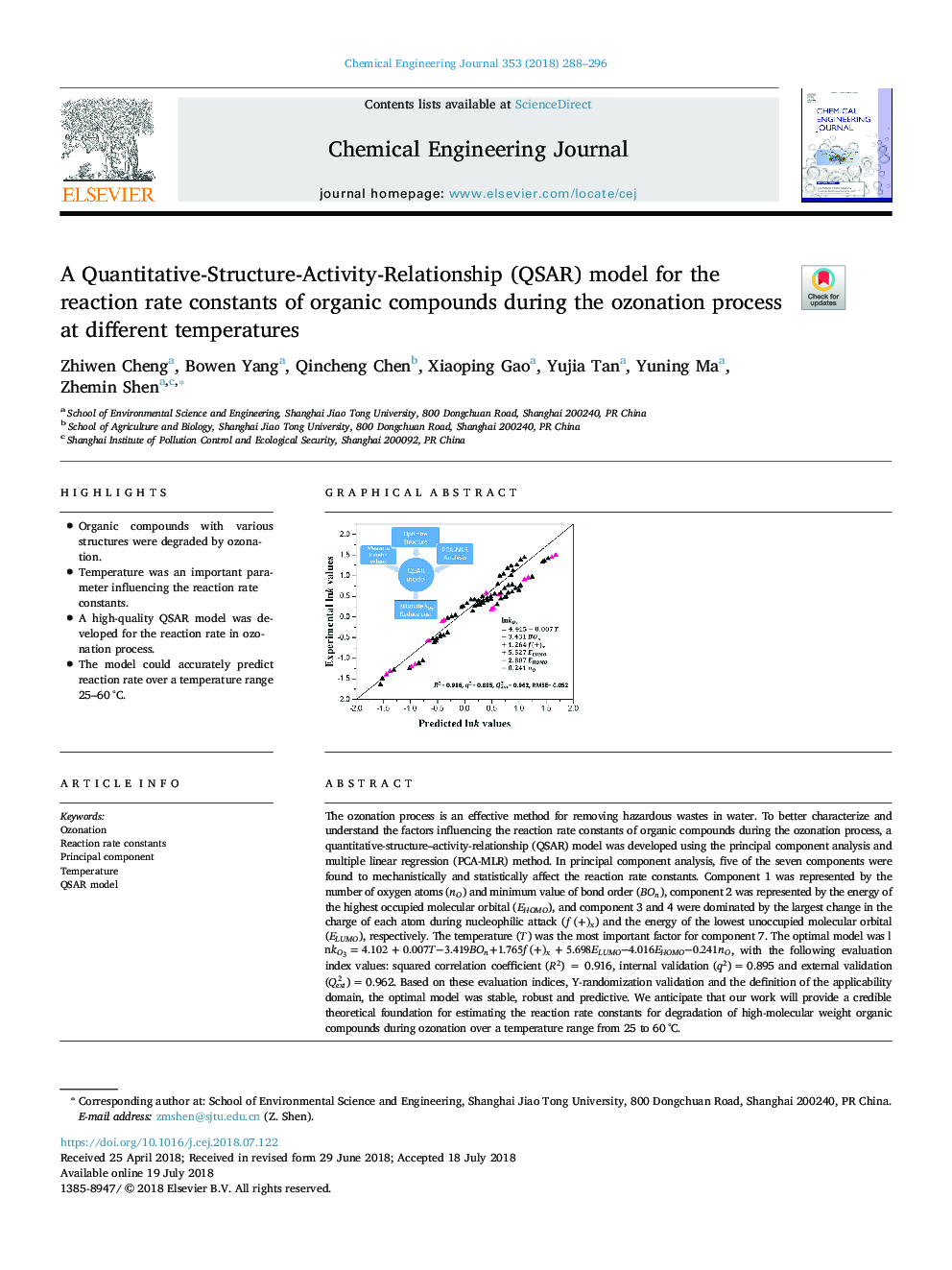 A Quantitative-Structure-Activity-Relationship (QSAR) model for the reaction rate constants of organic compounds during the ozonation process at different temperatures