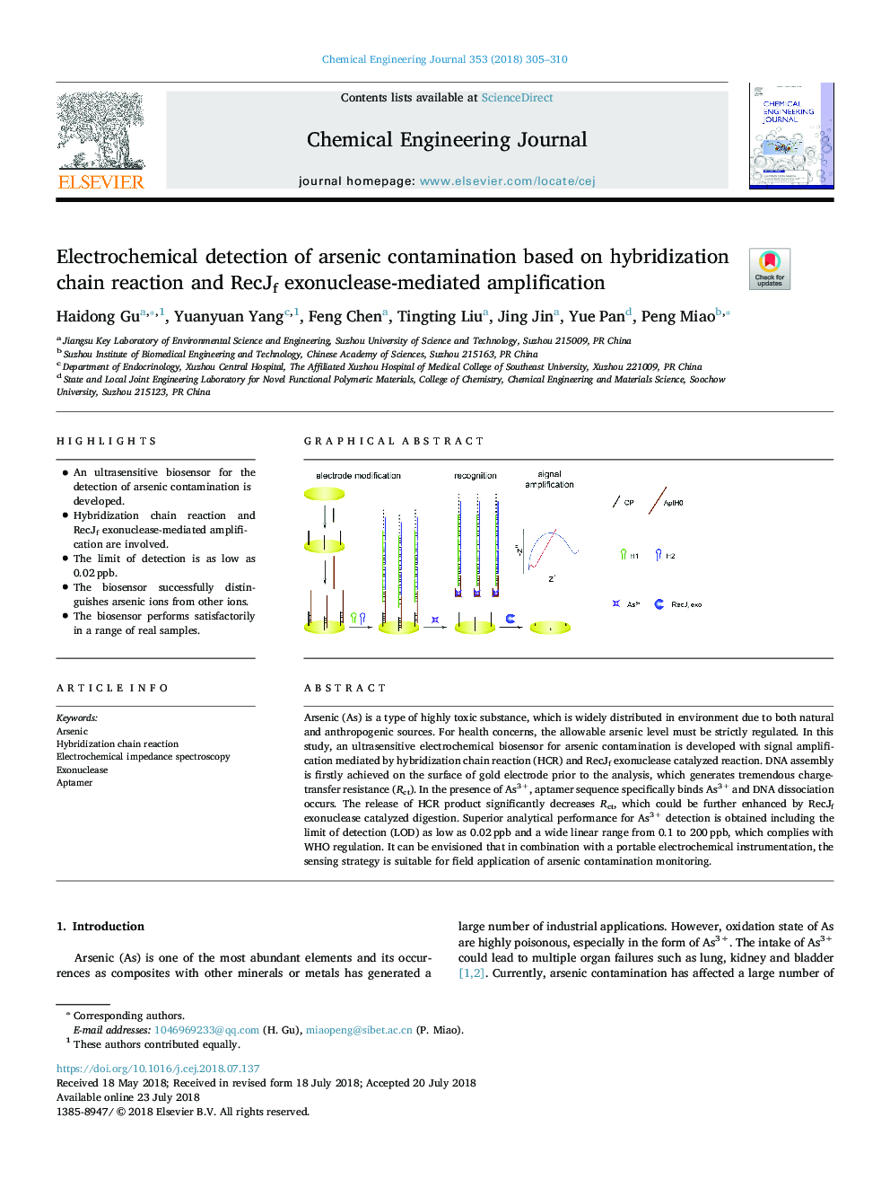 Electrochemical detection of arsenic contamination based on hybridization chain reaction and RecJf exonuclease-mediated amplification