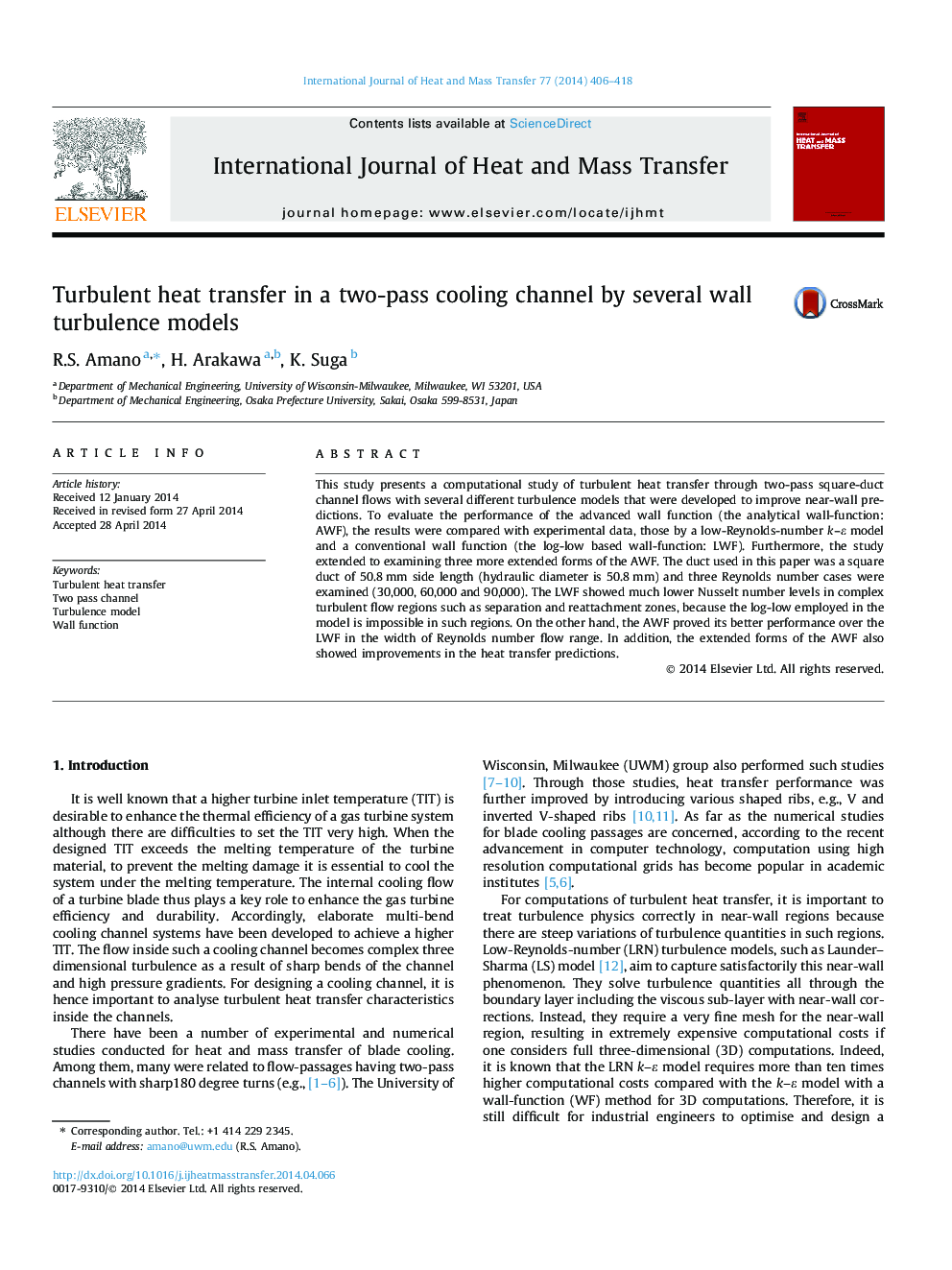 Turbulent heat transfer in a two-pass cooling channel by several wall turbulence models