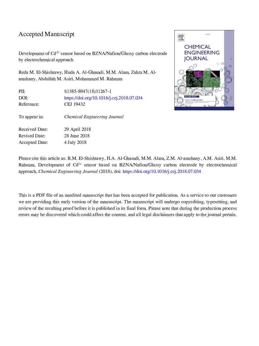 Development of Cd2+ sensor based on BZNA/Nafion/Glassy carbon electrode by electrochemical approach