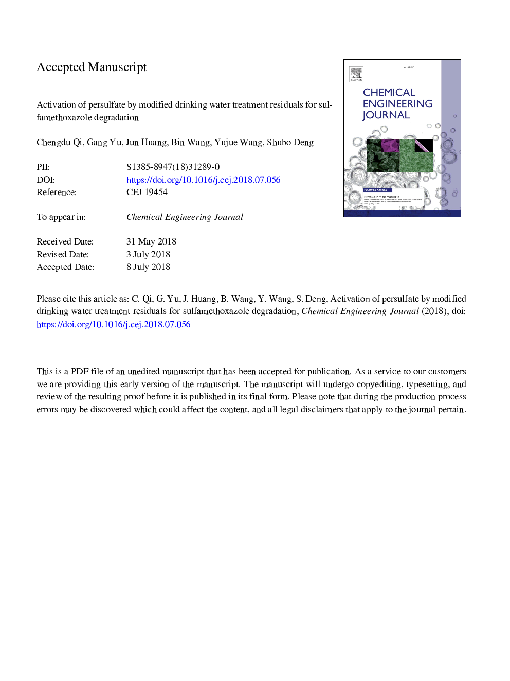 Activation of persulfate by modified drinking water treatment residuals for sulfamethoxazole degradation