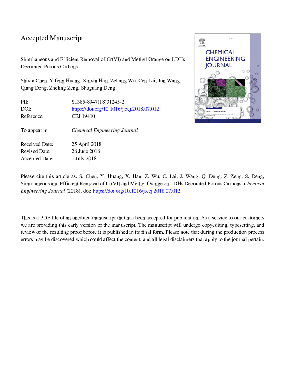 Simultaneous and efficient removal of Cr(VI) and methyl orange on LDHs decorated porous carbons