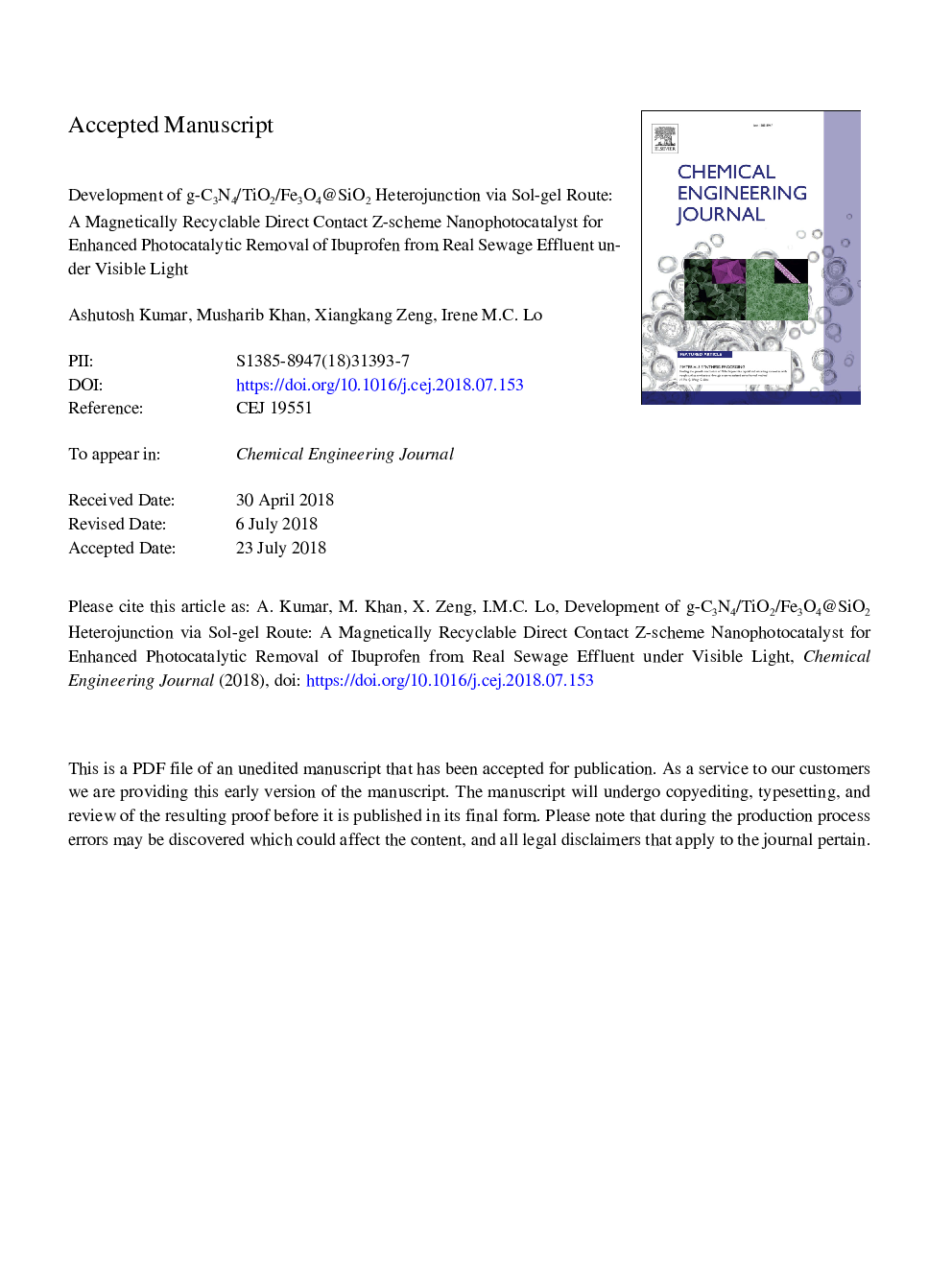 Development of g-C3N4/TiO2/Fe3O4@SiO2 heterojunction via sol-gel route: A magnetically recyclable direct contact Z-scheme nanophotocatalyst for enhanced photocatalytic removal of ibuprofen from real sewage effluent under visible light