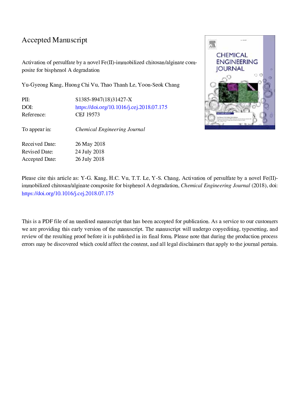 Activation of persulfate by a novel Fe(II)-immobilized chitosan/alginate composite for bisphenol A degradation