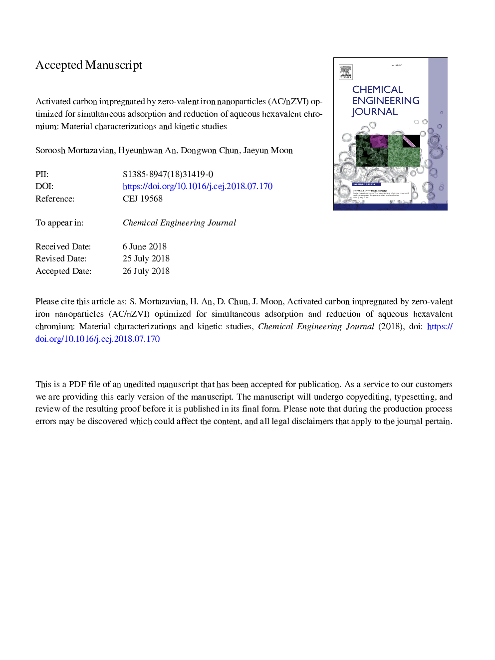 Activated carbon impregnated by zero-valent iron nanoparticles (AC/nZVI) optimized for simultaneous adsorption and reduction of aqueous hexavalent chromium: Material characterizations and kinetic studies