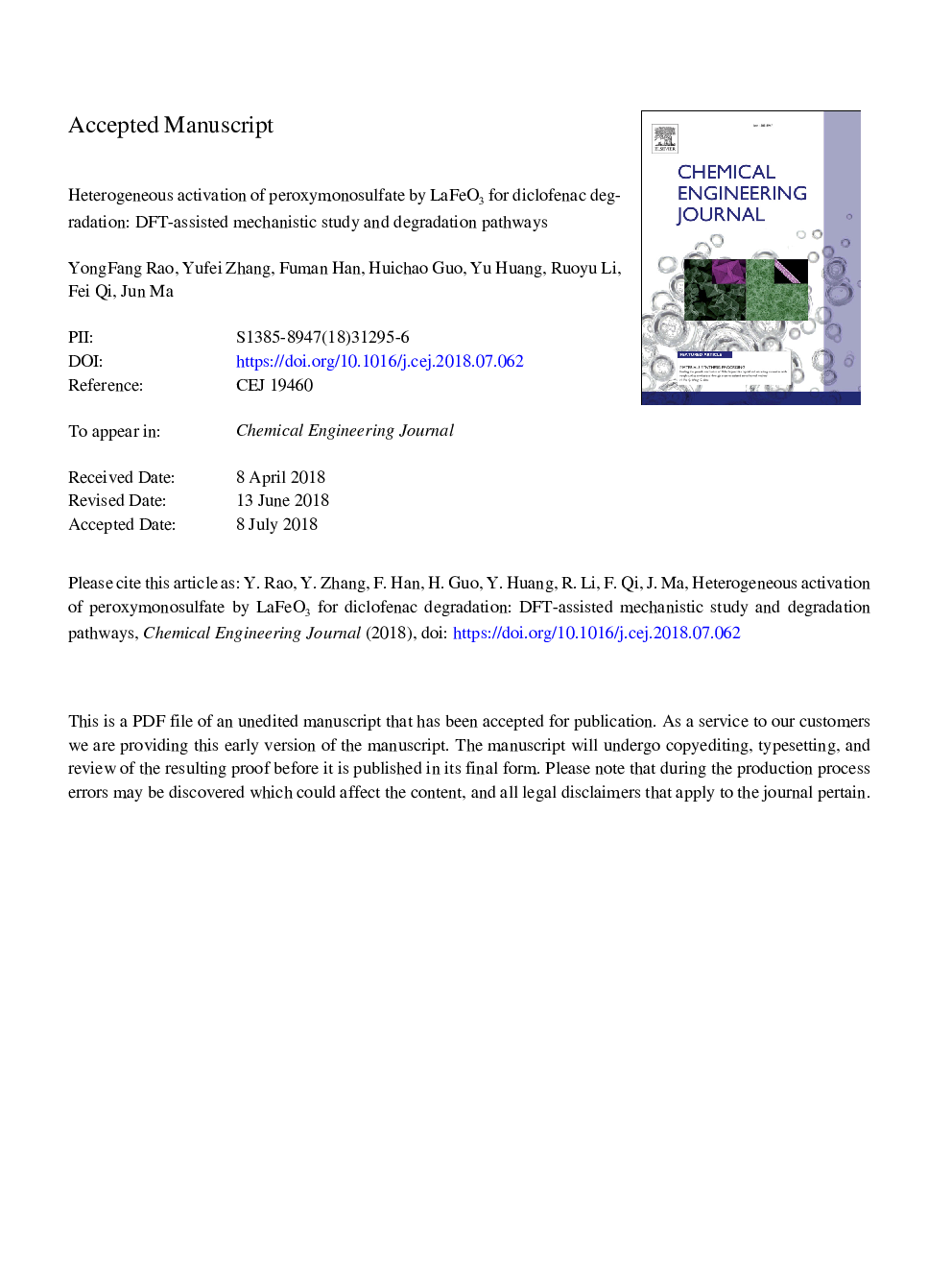 Heterogeneous activation of peroxymonosulfate by LaFeO3 for diclofenac degradation: DFT-assisted mechanistic study and degradation pathways