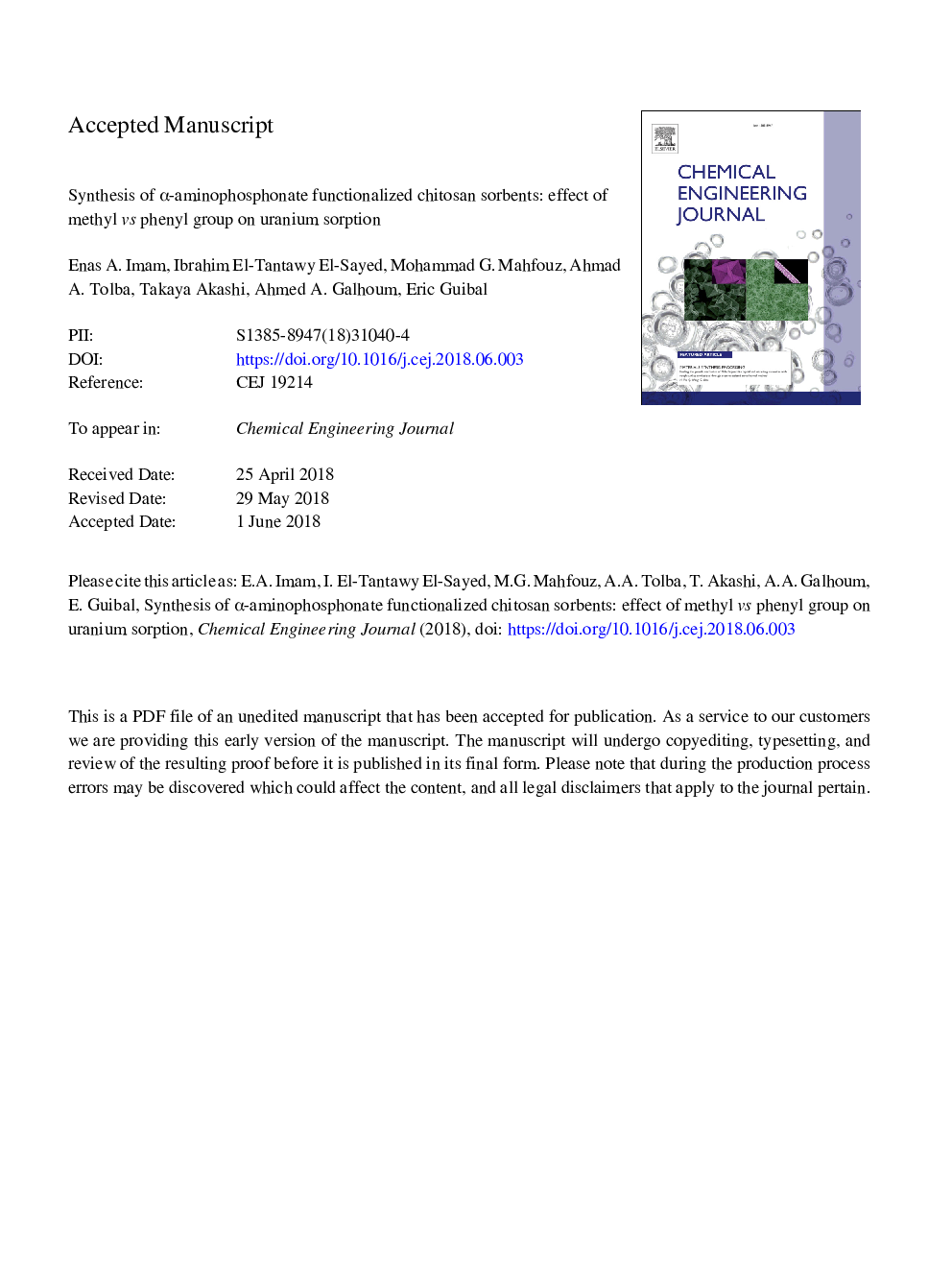 Synthesis of Î±-aminophosphonate functionalized chitosan sorbents: Effect of methyl vs phenyl group on uranium sorption