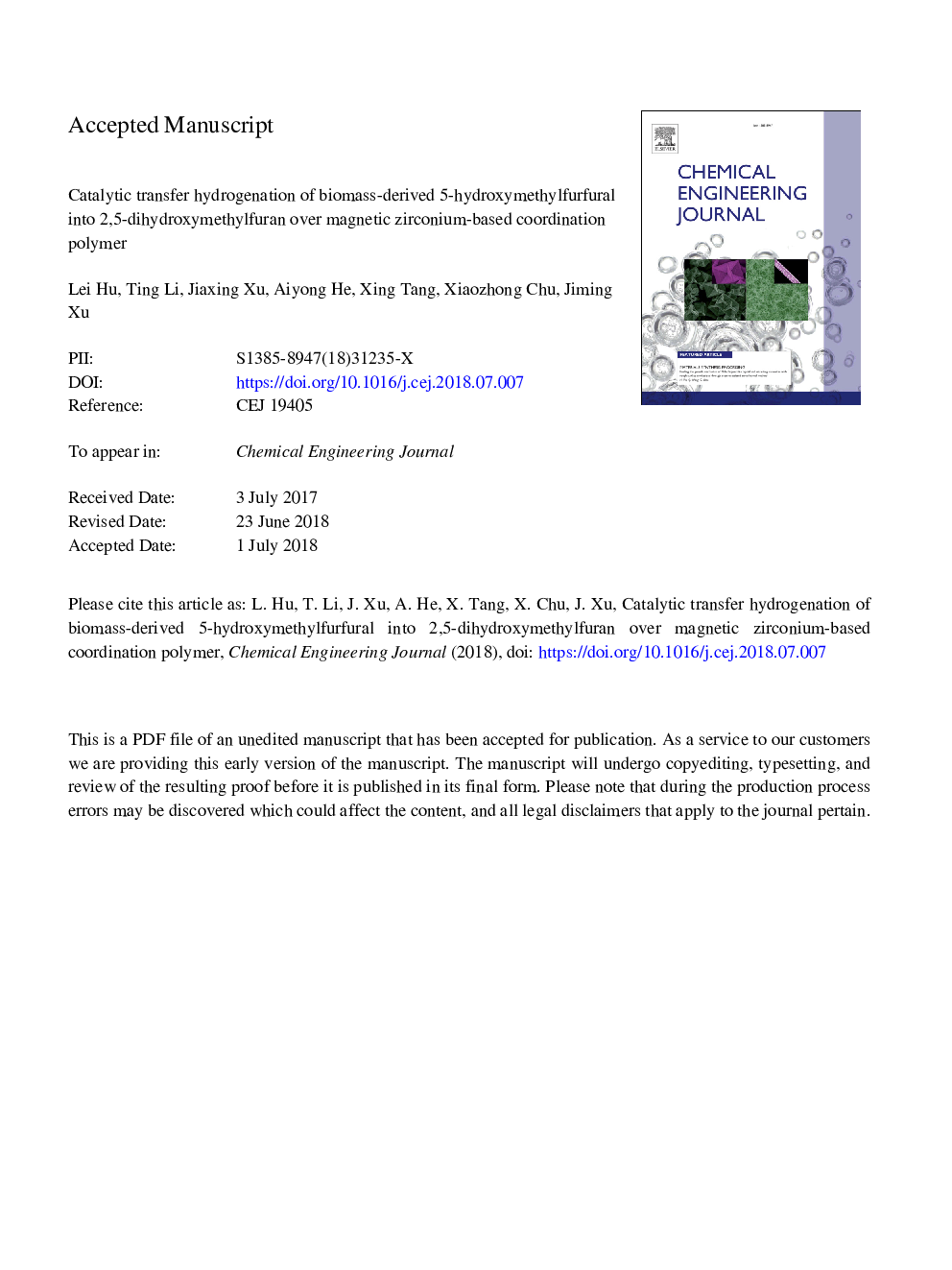 Catalytic transfer hydrogenation of biomass-derived 5-hydroxymethylfurfural into 2,5-dihydroxymethylfuran over magnetic zirconium-based coordination polymer