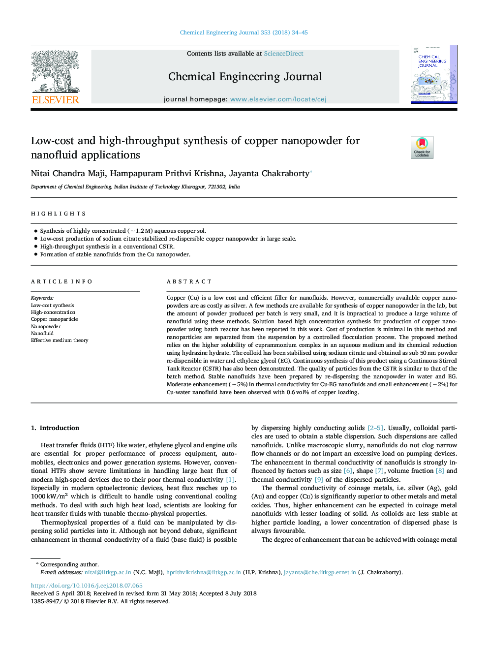 Low-cost and high-throughput synthesis of copper nanopowder for nanofluid applications