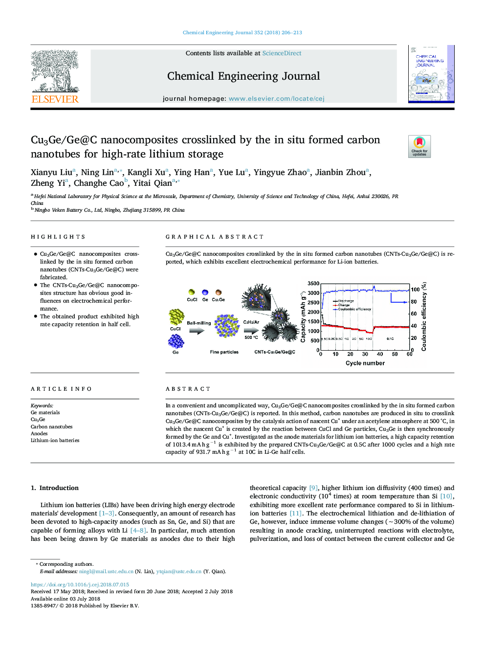 Cu3Ge/Ge@C nanocomposites crosslinked by the in situ formed carbon nanotubes for high-rate lithium storage