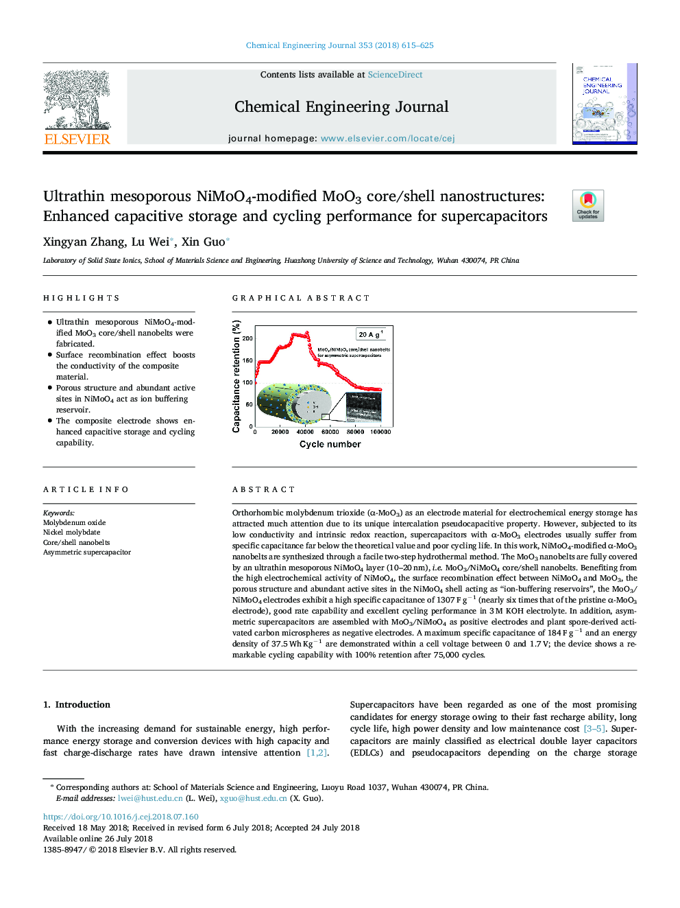 Ultrathin mesoporous NiMoO4-modified MoO3 core/shell nanostructures: Enhanced capacitive storage and cycling performance for supercapacitors